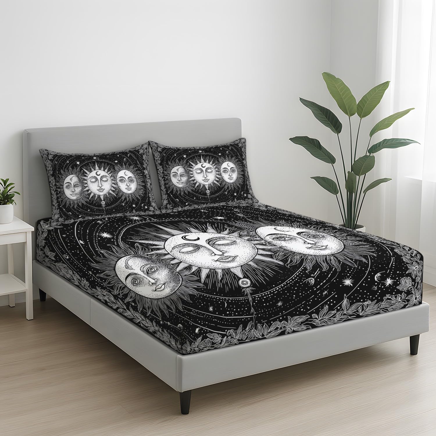 King Fitted Sheets - Bed Sheets Breathable and Luxury Microfibre Bedding Sets 160 x 200 cm, Celestial Faces, Sun & Moon, Mystic Classical, Retro Totem, Artistic Bedroom
