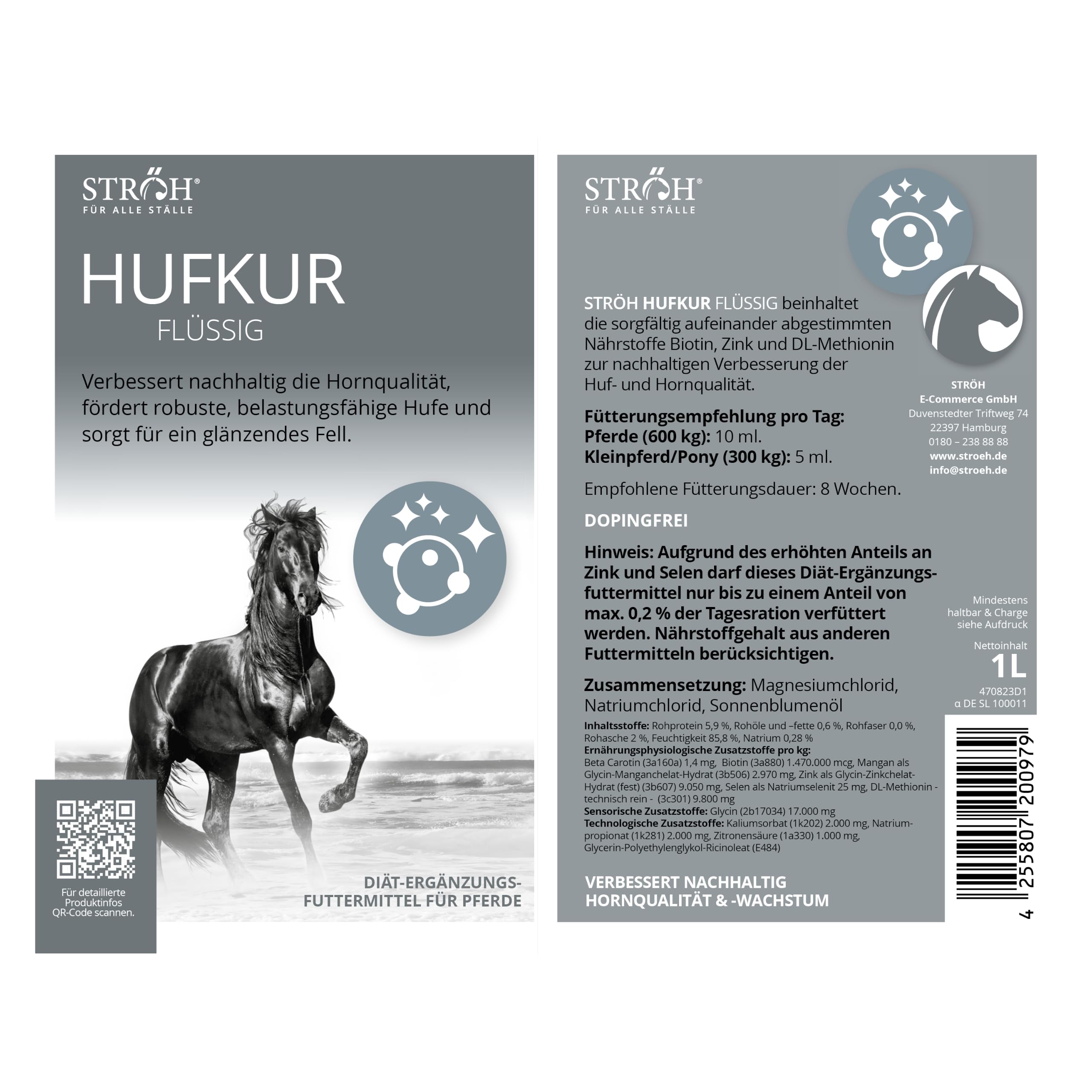 STRÖH Hufkur flüssig für Pferde 1L - Ergänzungsfutter mit Biotin & Zink