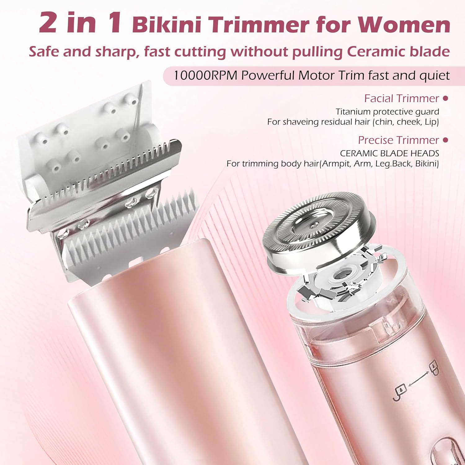 2 in 1 Women Electric Shaver Dual Head Bikini Trimmer for Women IPX7 Waterproof Wet & Dry Use Body Hair Trimmer and Facial Hair Remover Body Shaver for Bikini Underarm Leg Arm Body Face - Image 2