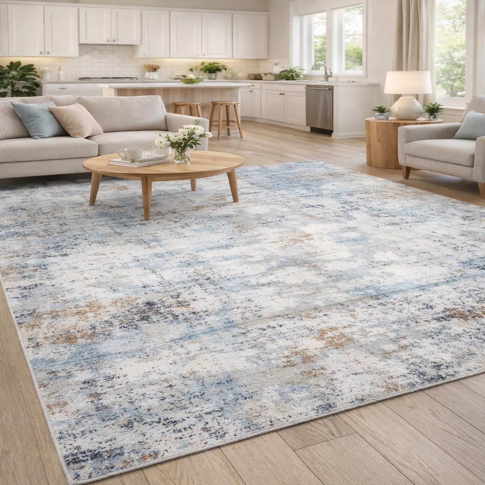 Tapis salon abstrait moderne blanc bleu gris grand format 200x280 lavable