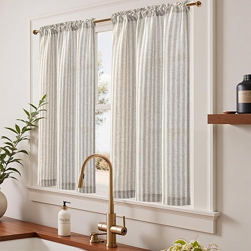 Miniatura 2 de jinchan Cortinas de lino para cocina, a rayas, 45 pulgadas de largo, para sala de estar, baño y casa de campo, rústicas, con jareta para cortinero,