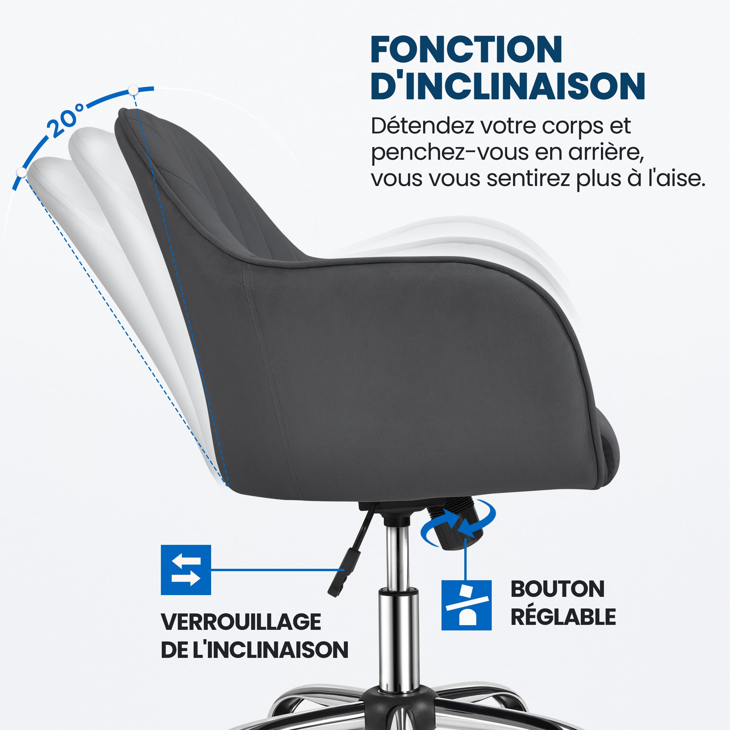 Yaheetech Chaise de Bureau Fauteuil Inclinable Rotative 360° Velours Hauteur Réglable Gris