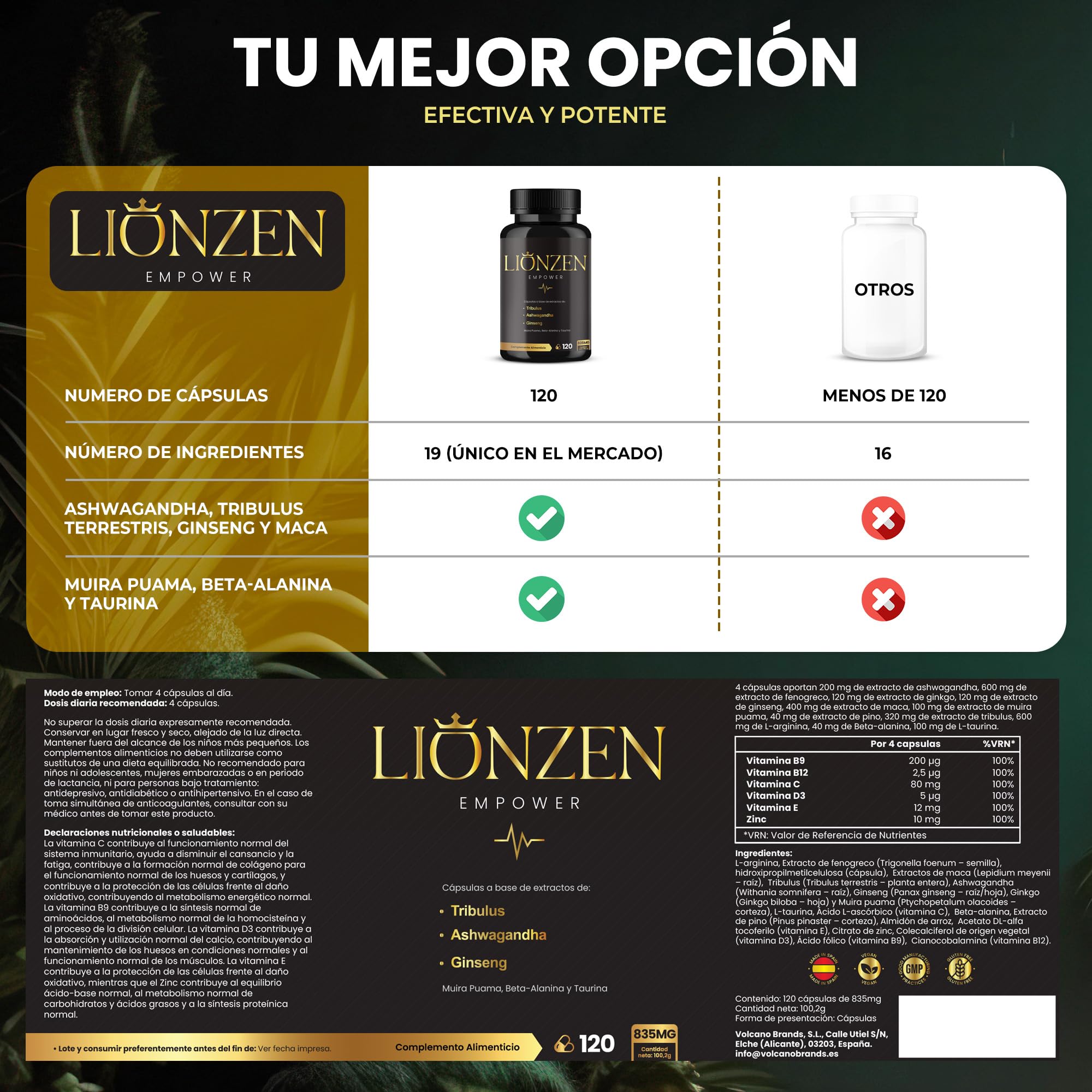 Testosterona Hombre Musculacion | Fuerza y Energía | +19 ingredientes | Ashwagandha, Maca, Ginseng, Tribulus terrestris, Ginkgo, Beta Alanina, Taurina, Muira Puama, L-Arginina, Zinc, Vitaminas. 120c
