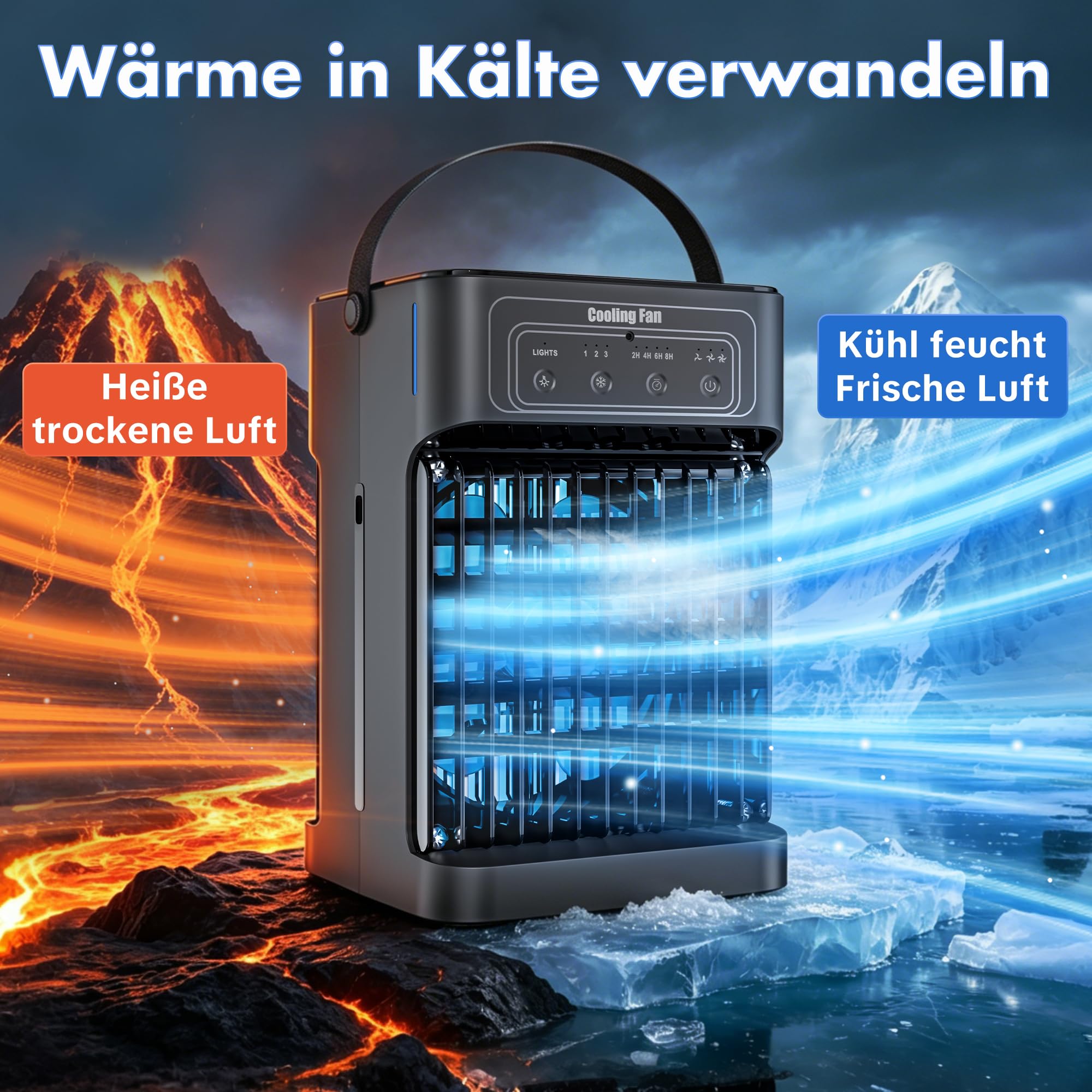 Klimaanlage Mobil, 4-in-1 Mobile Klimaanlage, Ventilator mit Wasserkühlung 1100ml Wassertank, Air Conditioner mit 3 Windgeschwindigkeiten,7 Farben Licht 3 Sprühfunktion, 2-8H Timer für Schlafzimmer