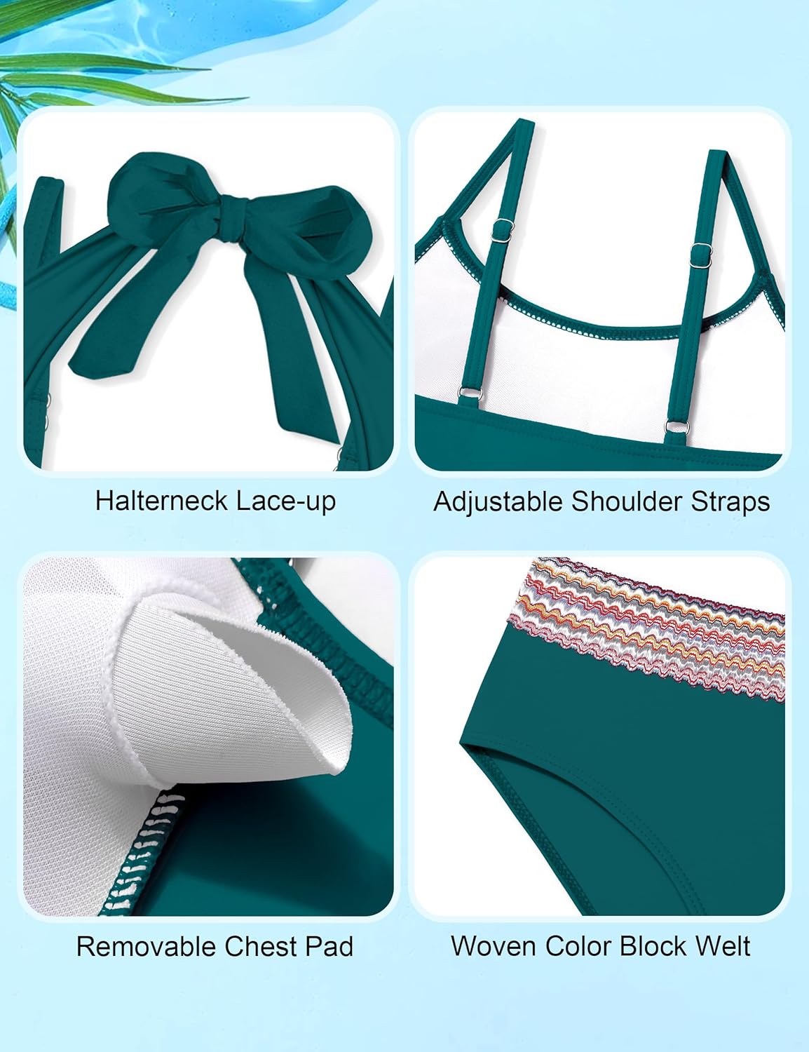 Girls Swimsuit 2 Piece Color Block Halterneck Bikini Sets with Adjustable Straps High Waist Girls Bathing Suits 9-16Y - Image 6