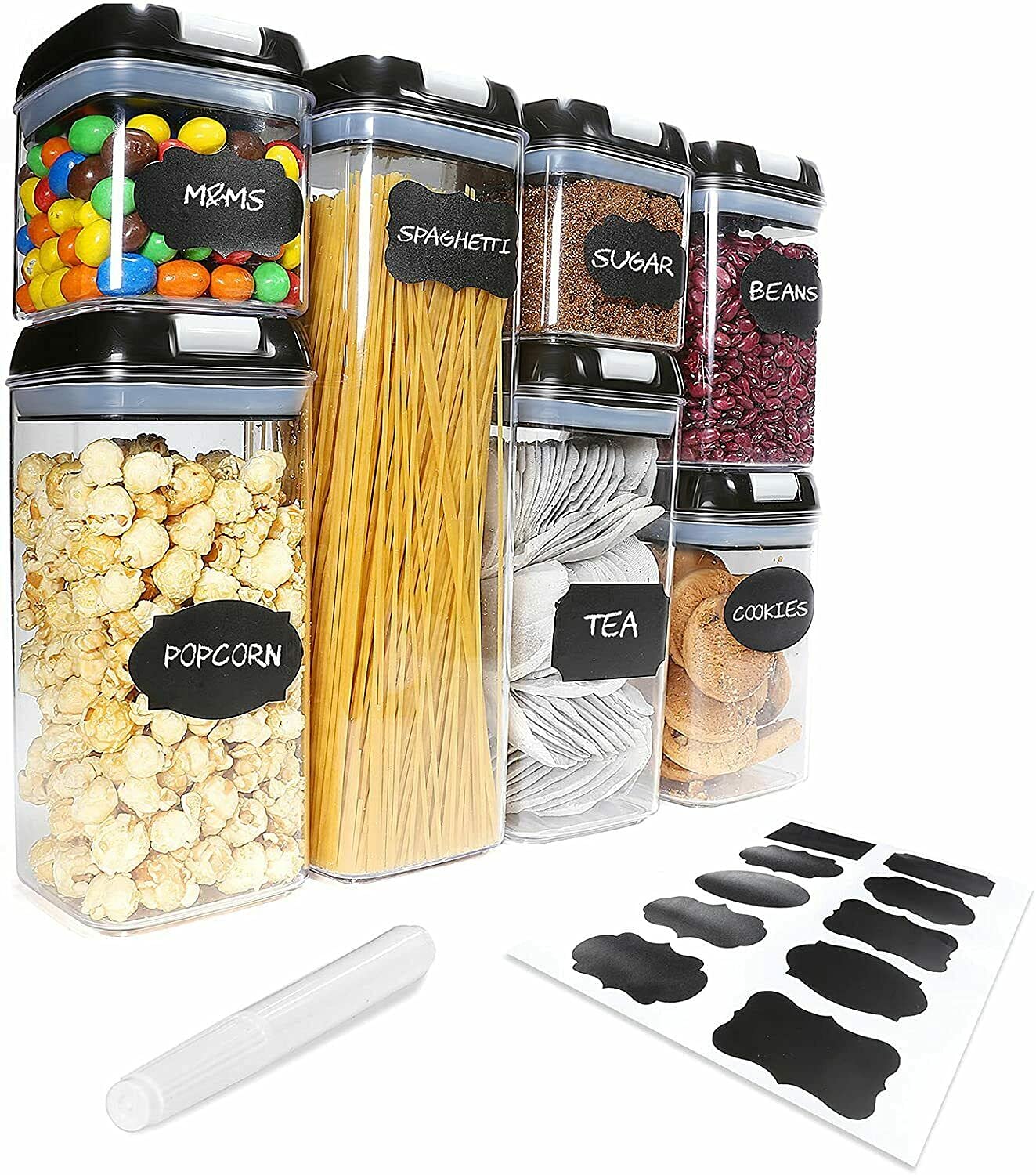 Raxter Clear Set Of 7 Airtight Food Storage Containers & Kitchen Storage Containers, Bpa-Free Plastic Containers For Flour, Sugar And Baking Supplies, With Labels