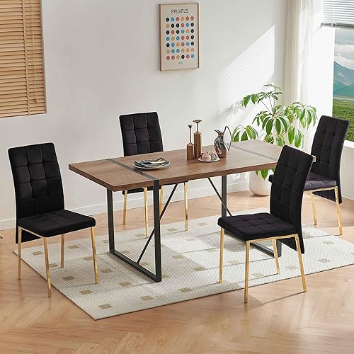 Vista 9 de Juego de mesa de comedor para 6, moderno juego de comedor de mediados de siglo con 6 elegantes sillas de comedor de terciopelo, mesa de madera MDF