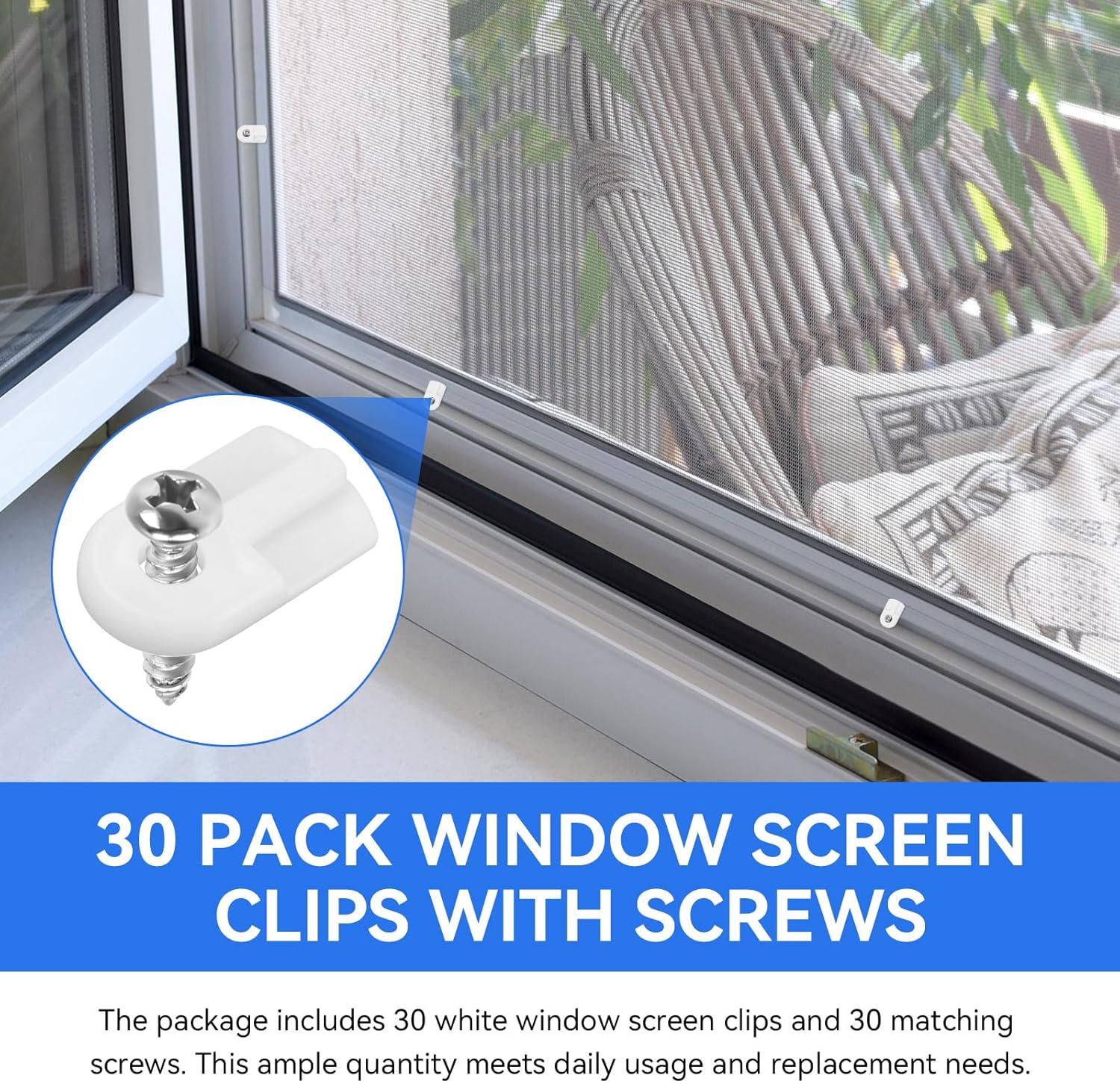 30 Pack Window Screen Clips, L 5766 Flush Window Screen Holder Clips, Storm Window Clips with Screws, for Securing Window Screens and Storm Windows, White