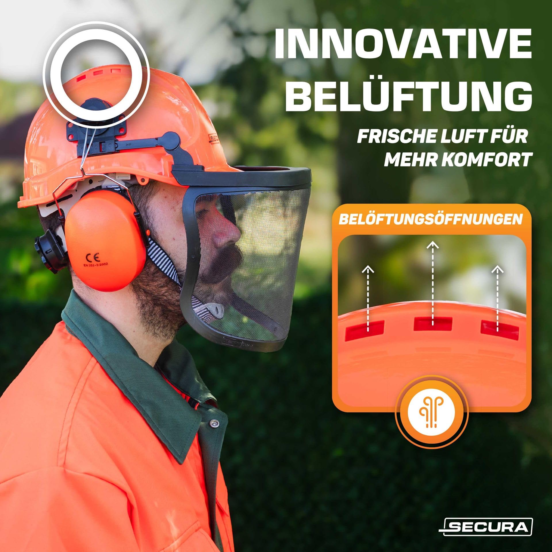 SECURA Premium Forsthelm mit Visier und Gehörschutz | Schutzhelm Kettensäge | Forstschutzhelm Sicherheitshelm EN 397
