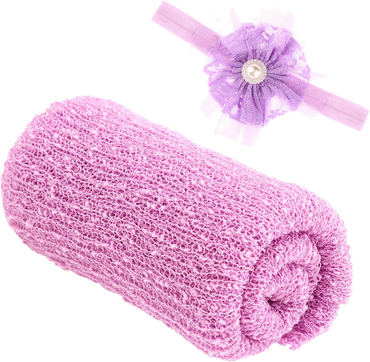Newborn Baby Photography Props - Long Ripple Wrap Blanket and Lace Beads Headband (Light Purple, OneSize)