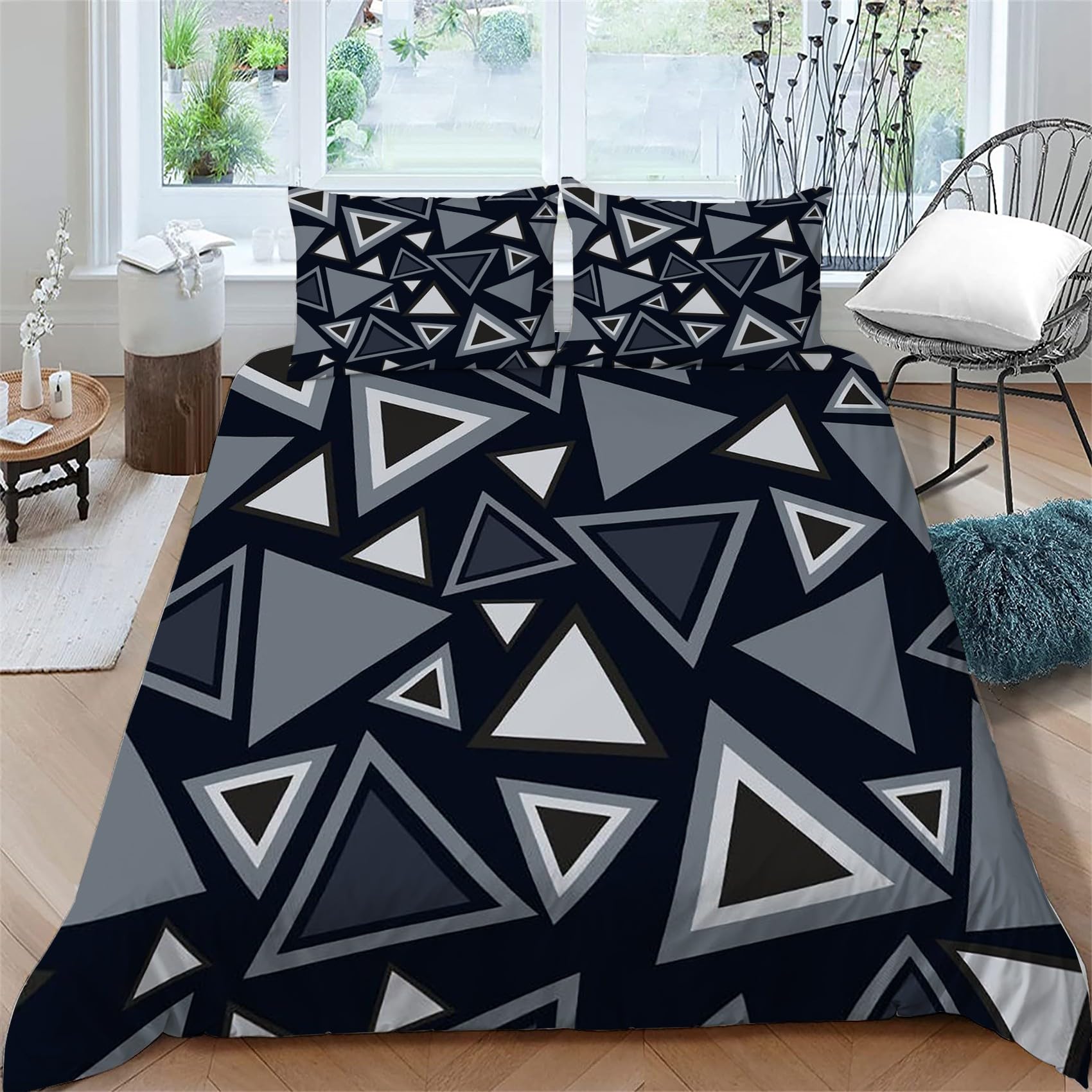 Copripiumino Matrimoniale 240x220 Immagine Geometrica Nera Triangolo Biancheria da Letto Morbido Microfibra Copri Piumone e 2 Federe Abbinate, con Zip, Ipoallergenico HR2321