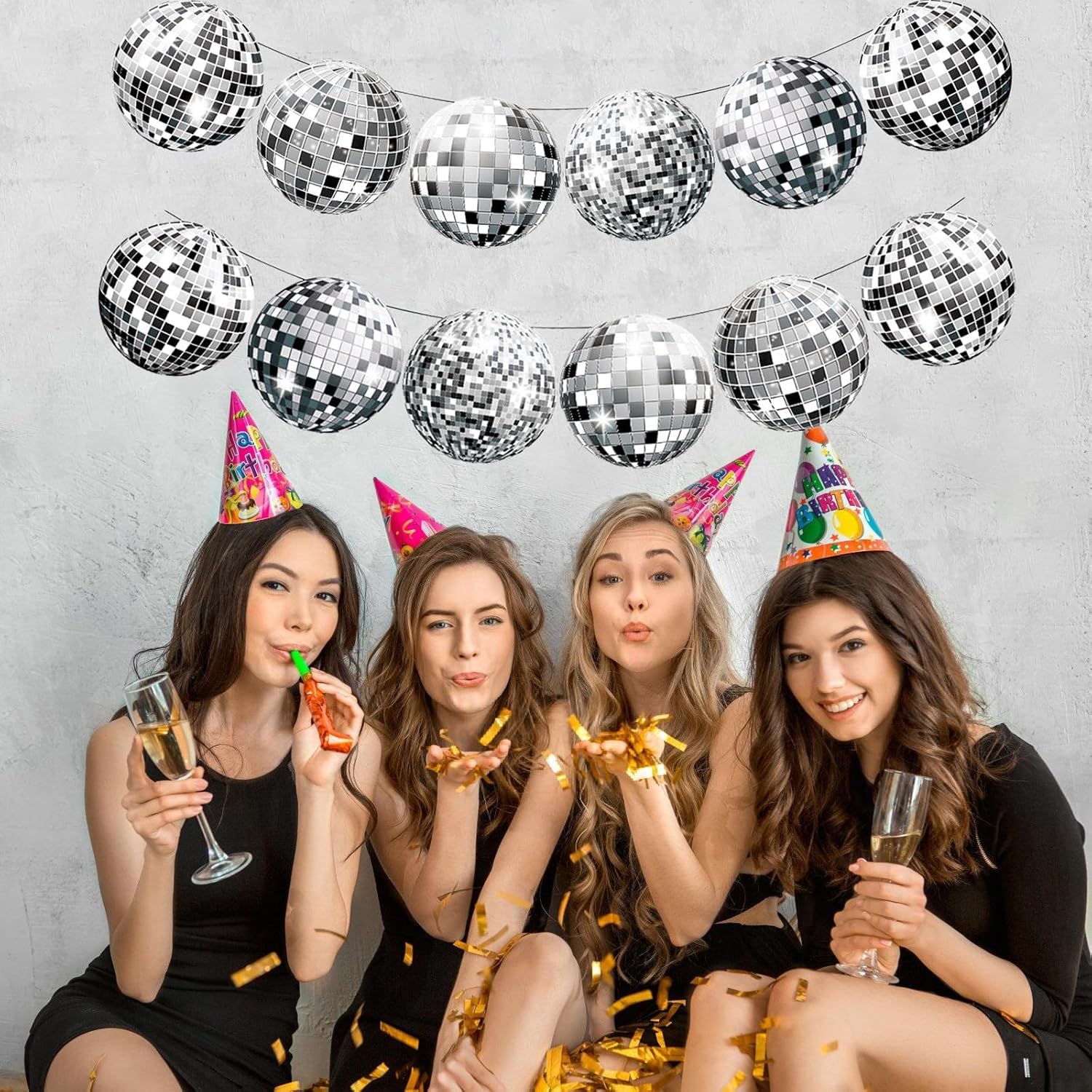 Guirlande de Décoration Disco, 2 Bannières de Boules à Paillettes Argentées+6 Spirales Suspendues, Guirlande de Décoration Disco Spirales, Décoration de Plafond de Fête Style Années 70, 80 et 90
