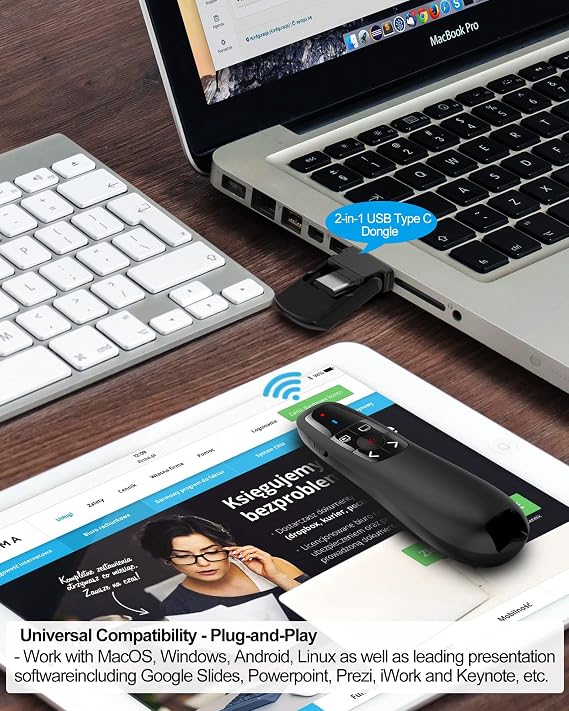 Wireless Presenter Remote Presentation Clicker: USB Type C PowerPoint Clicker with Red Pointer Long Range PPT Control - Universal Power Point Slide Advancer for Mac MacBook Laptop PC Computer Keynote