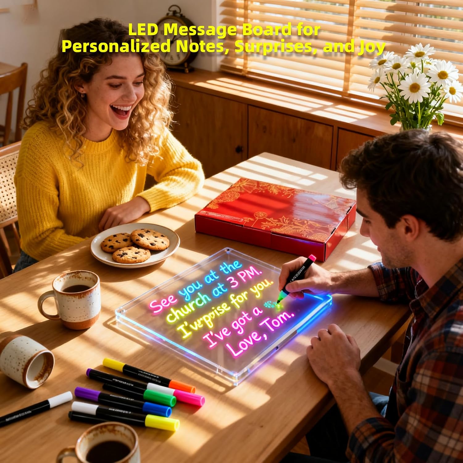 LED Drawing Board 13.7"x10" – Light Up Acrylic Dry Erase Board & LED Note Board with Colors, Adapter, 7 Markers, Message Board for Home Décor, Birthday, Christmas Gifts Idea
