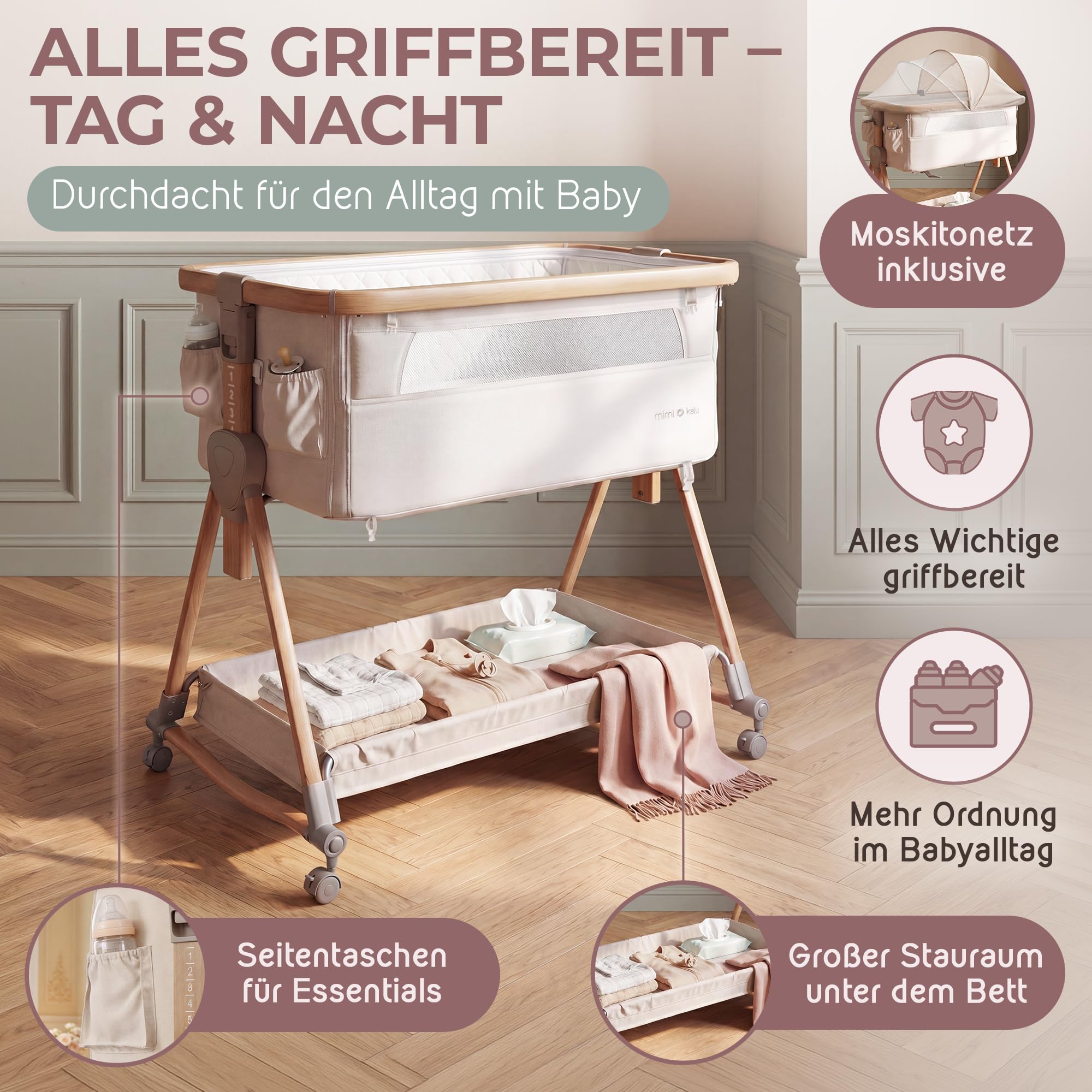mimi kalu® Beistellbett Baby mit Rollen für Boxspringbett & europäische Standardbetten – 4-in-1 Baby Bett, Stubenwagen, Reisebett & Babywiege – höhenverstellbar