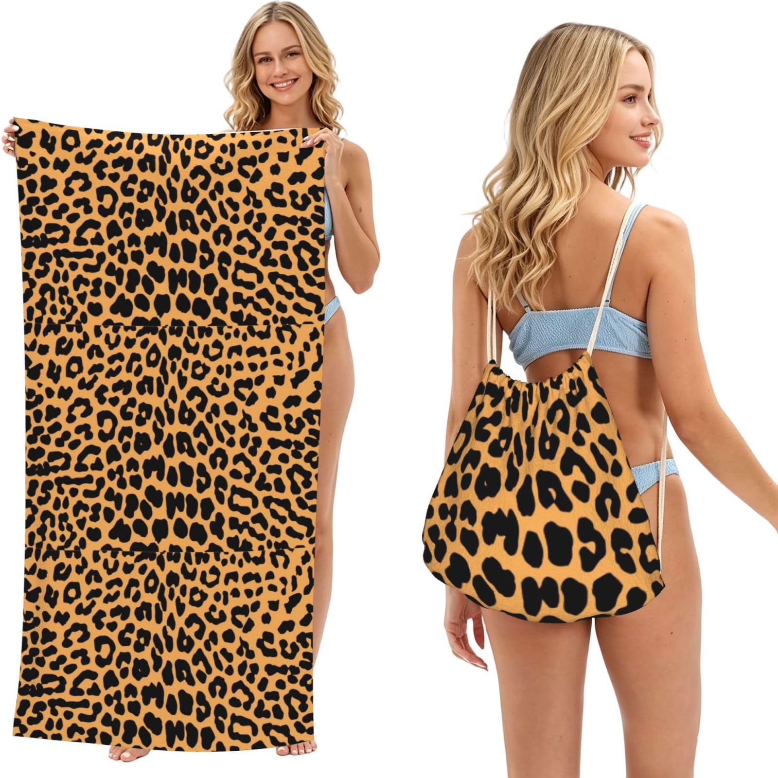Poadnly As Picture Leopard Print Printed, 2 In 1 Packable Towel Bag, Beach Towels With Drawstring Backpack For Travel Holiday Camping