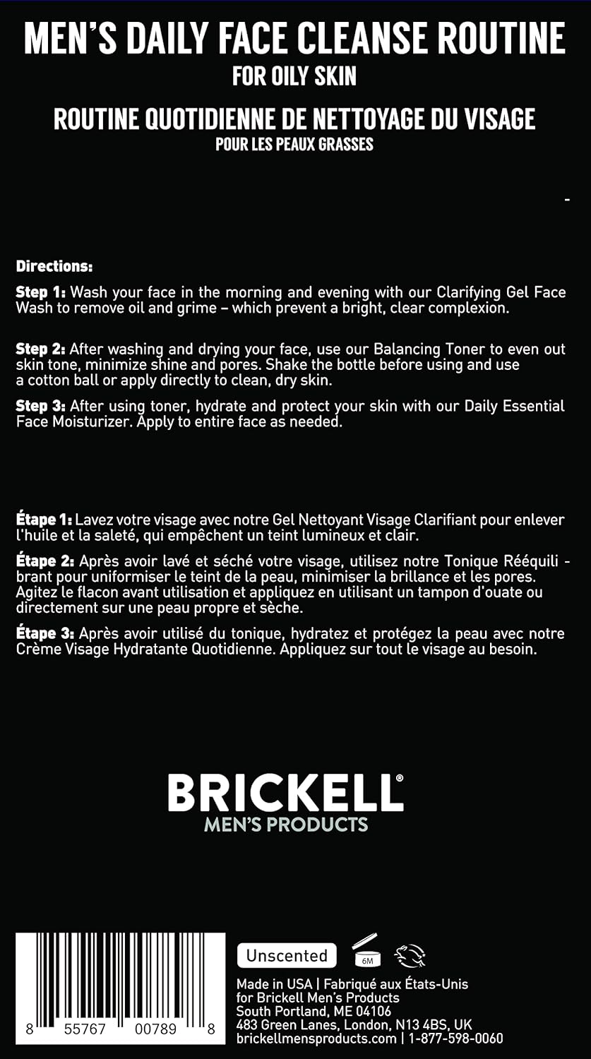 Brickell Men's Daily Face Cleanse Routine for Oily Skin, Alcohol Free Toner, Gel Facial Wash and Moisturizer, Natural and Organic, Unscented - Image 6