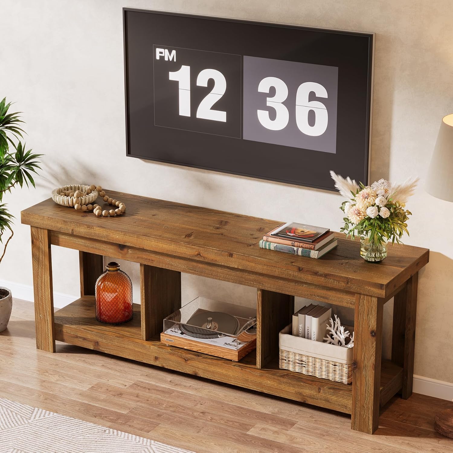 Tribesigns 63" Solid Wood TV Stand, Entertainment Center for 65 inch TVs, Farmhouse Style with 3 Open Storage Shelves, Rustic Brown Console for Living Room Bedroom, Fits 55 60 65 75 Inch Television