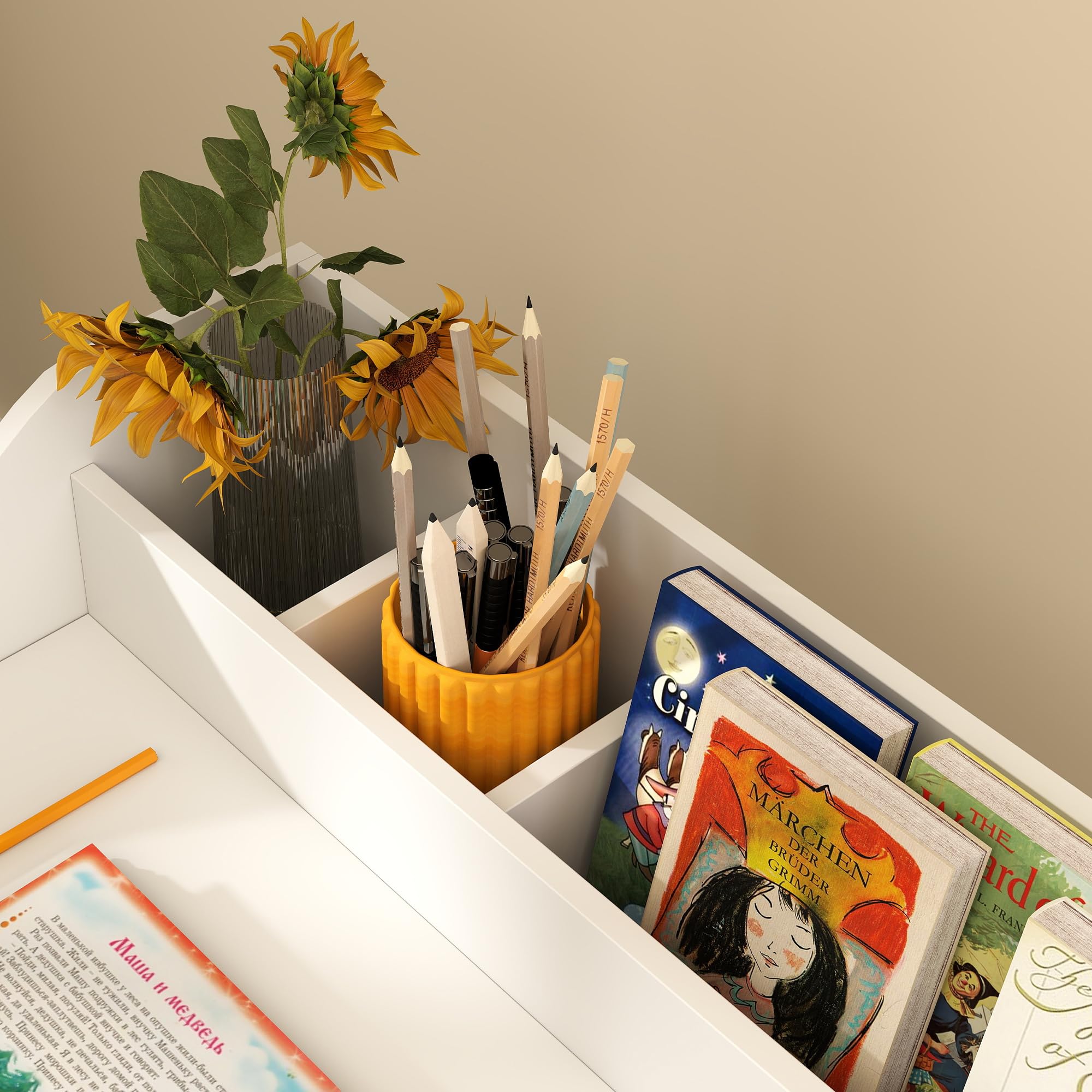 AIYAPLAY Conjunto de Escritorio y Silla para Niños de 3 a 8 Años con Compartimentos Abiertos y Estantes para Dormitorio, Sala de Juegos, Habitación, Blanco