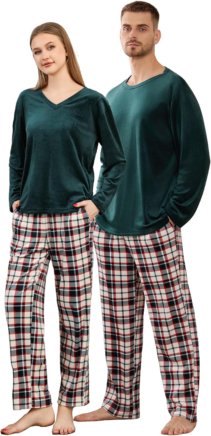 Couples Pajama Set, Soft Long Sleeve Plaid Pjs Set Warm Matching Sleepwear for Men and Women
