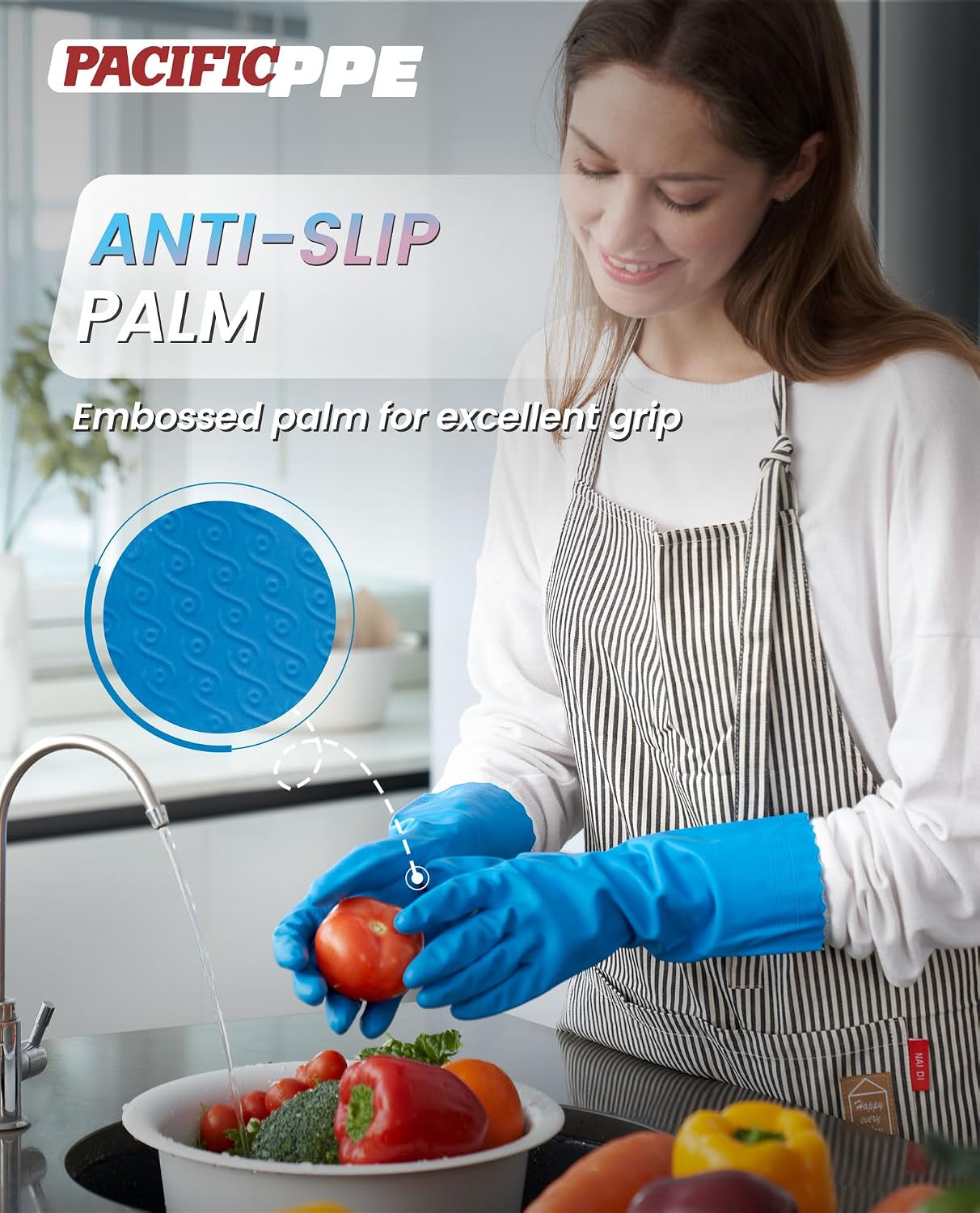 PACIFIC PPE 2 Pairs Cleaning Gloves, Cotton Liner, Purple+Blue, Medium image 3