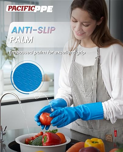 Miniatura 3 de PACIFIC PPE 2 pares de guantes de limpieza para lavavajillas sin látex, forro de algodón, guantes de cocina (morado + azul, mediano)