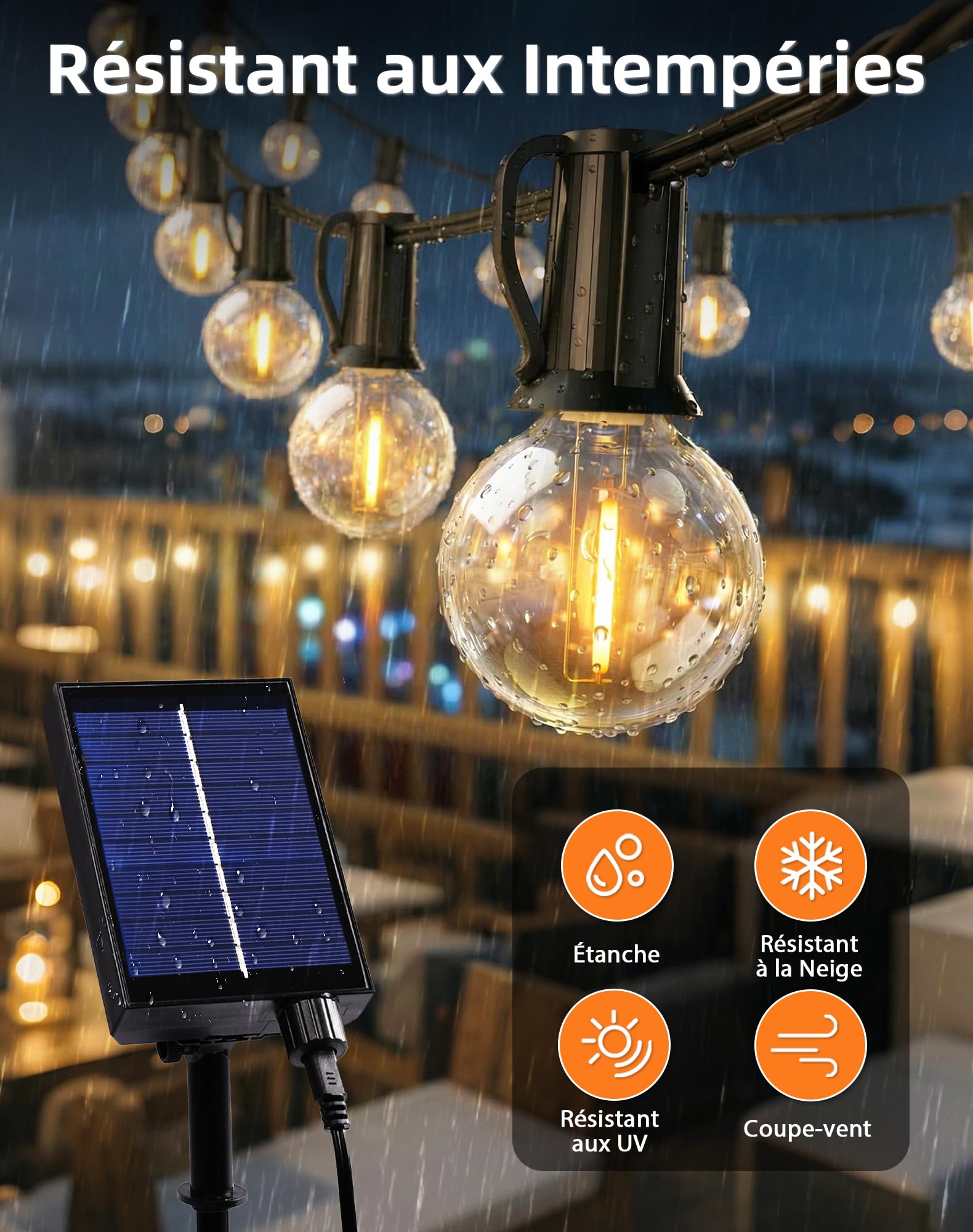 Guirlande Lumineuse Solaire Extérieure 10M, Guirlande Guinguette avec Télécommande 15+1 Ampoules LED, 8 Modes d’Éclairage, 4 Luminosité Réglable, Guirlande IP44 Étanche pour Jardin Balcon Terrasse