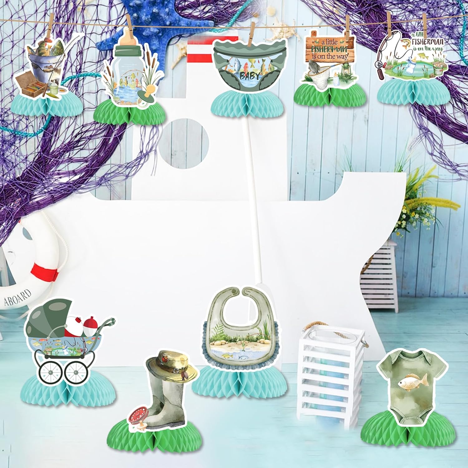 Fishing Baby Shower Decorations, A Little Fisherman Is on the Way Honeycomb Fishing Centerpieces for Table, Fish Baby Shower Centerpieces for Tables Boy Baby Fishing fishing50307