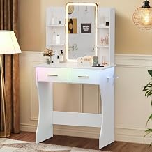 BORNOON Vanity Desk with Mirror and Lights, Small Makeup Vanity Desk with Charging Station, Bedroom Vanity Table with Drawers, Storage Shelves, RGB Ambient Light and Hair Dryer Holder
