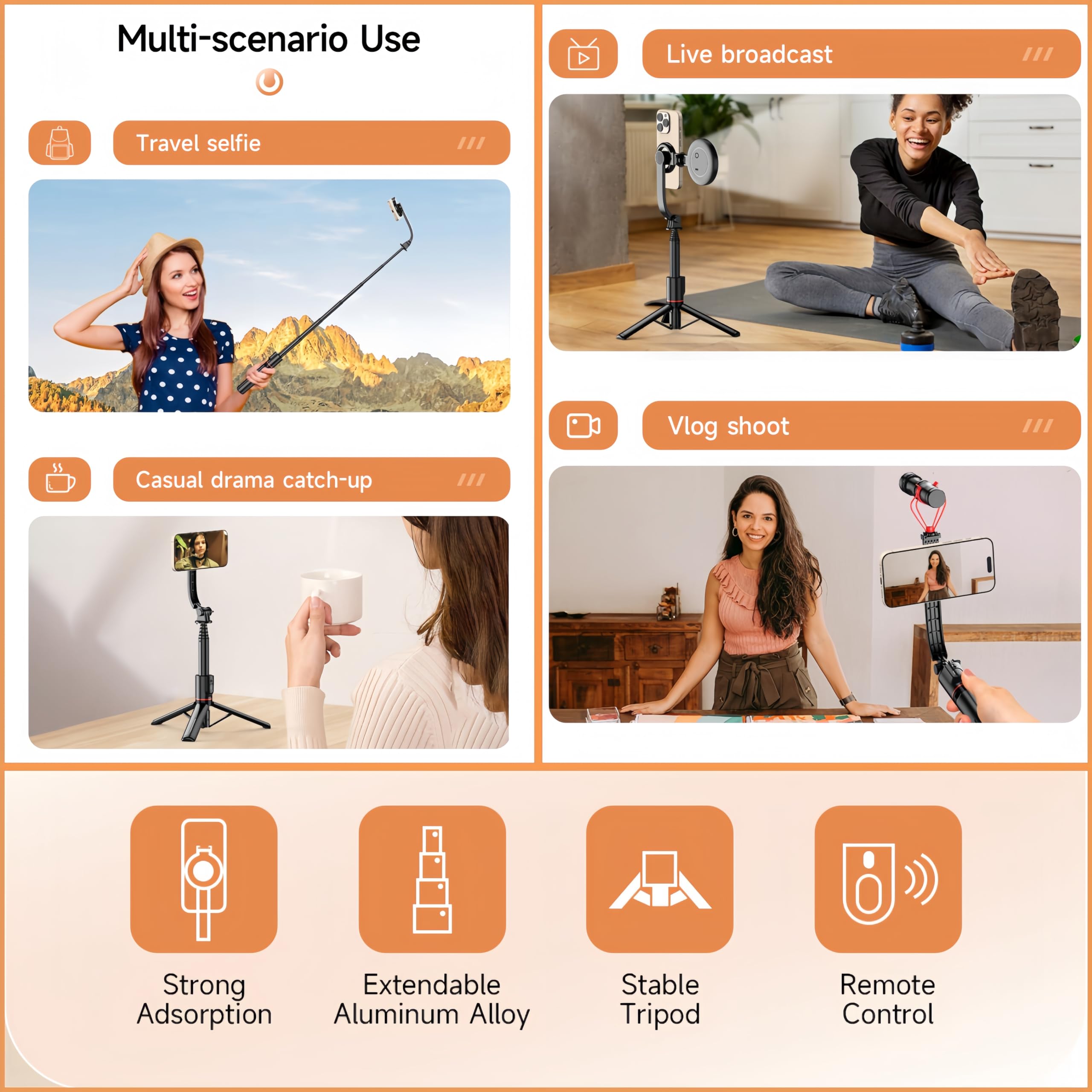 Magnetico Mini Allungabile Selfie Stick Treppiede Del Basamento con Luce di Riempimento Bluetooth Wireless Remote per iPhone 15 14 13 12 & Android