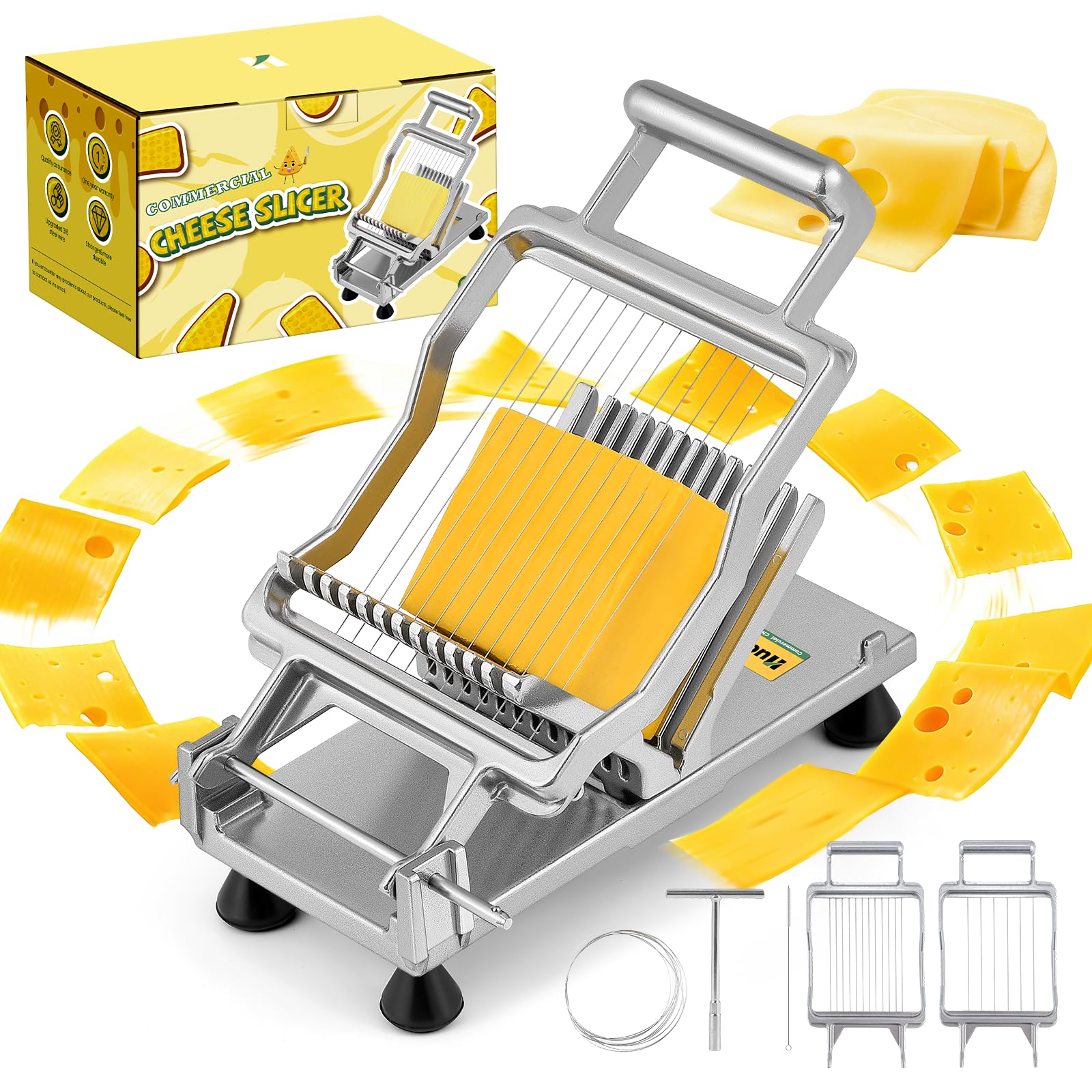 Huanyu Commercial Cheese Slicer with 1cm & 2cm Cutting Board Stainless Steel Cheese Cutter with Wire Multifunctional Wire Cutter for Cheese, Butter, Toasts and Luncheon Meat