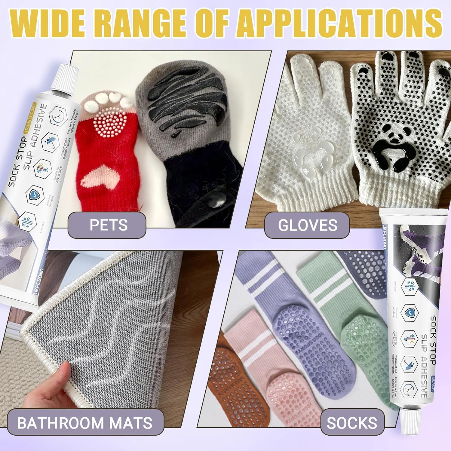 Anti Slip Sock Glue, 3.38 floz Sock Stop Glue, Mat Stop Slip Glue, Transparent Washable Fabric Paint Soft Non-Slip Adhesive for Socks, Pet Socks, Floor Mats, Blankets,Rug (Clear & Black)