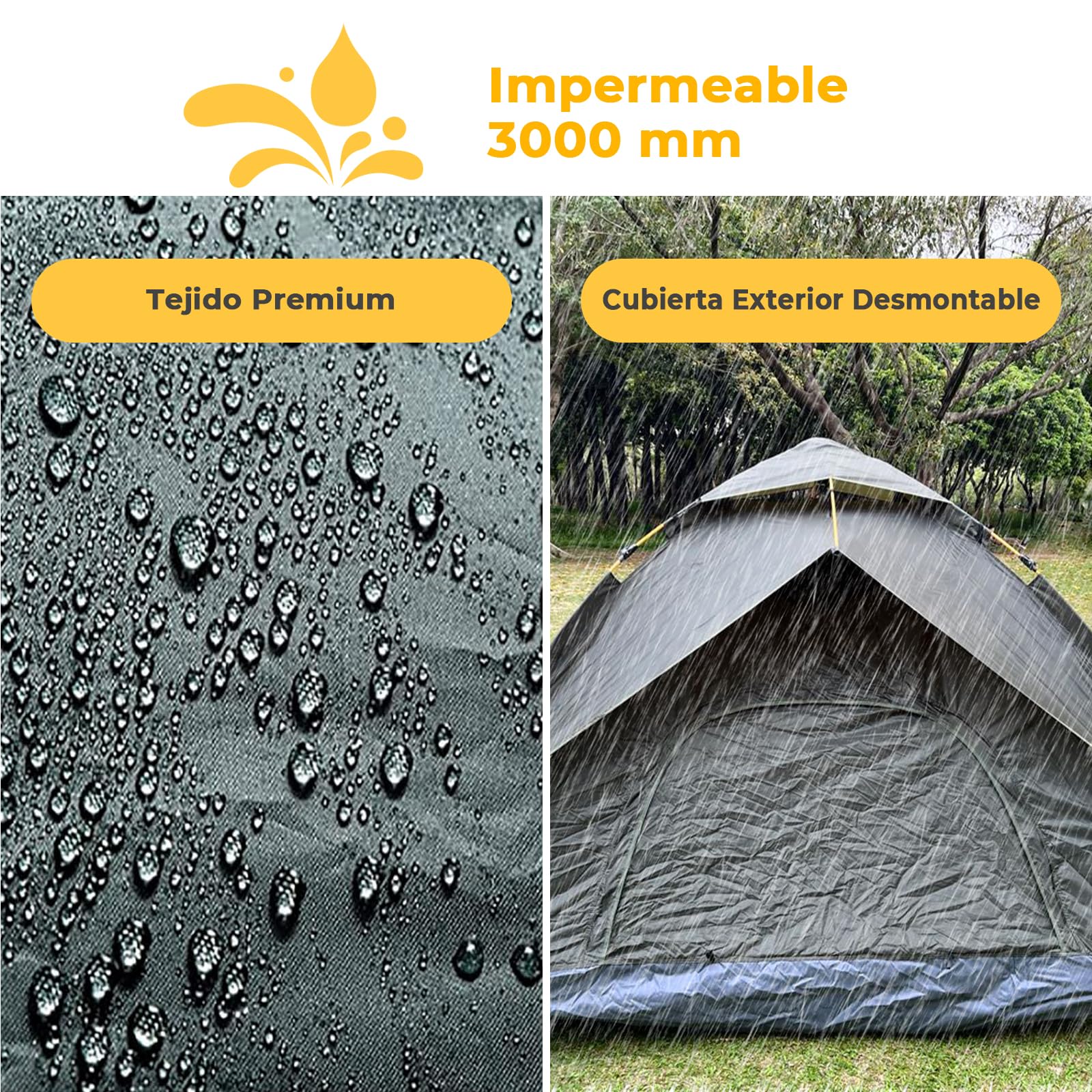 Tienda de campaña para 2-3 Personas, Tienda Domo autodesmontable con Tienda Exterior Desmontable, 230x230x165cm, Impermeable y Resistente al Viento, para acampadas, rutas en Moto y Festivales