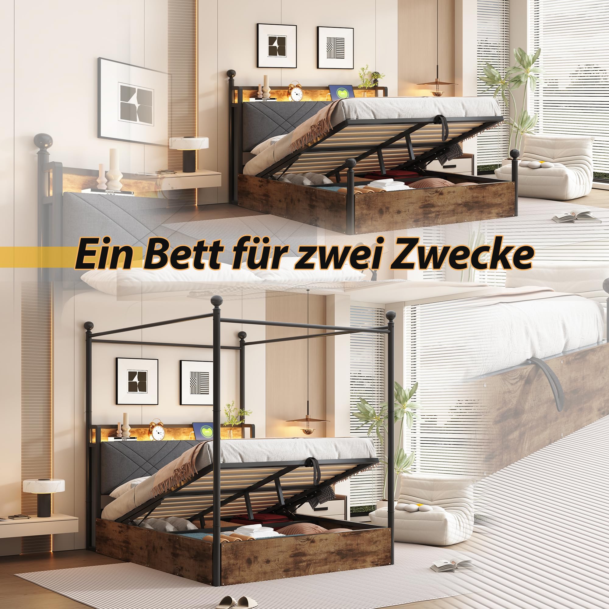Multifunktionales Bett,mit Stauraum und schmiedeeisernem Baldachin,mit abnehmbaren Bettpfosten mit LED und USB-/Typ-C-Ladeanschlüssen,Eiseneinzelbett. (schwarz mit Hydraulisch Bettstauraum, 140*190cm)
