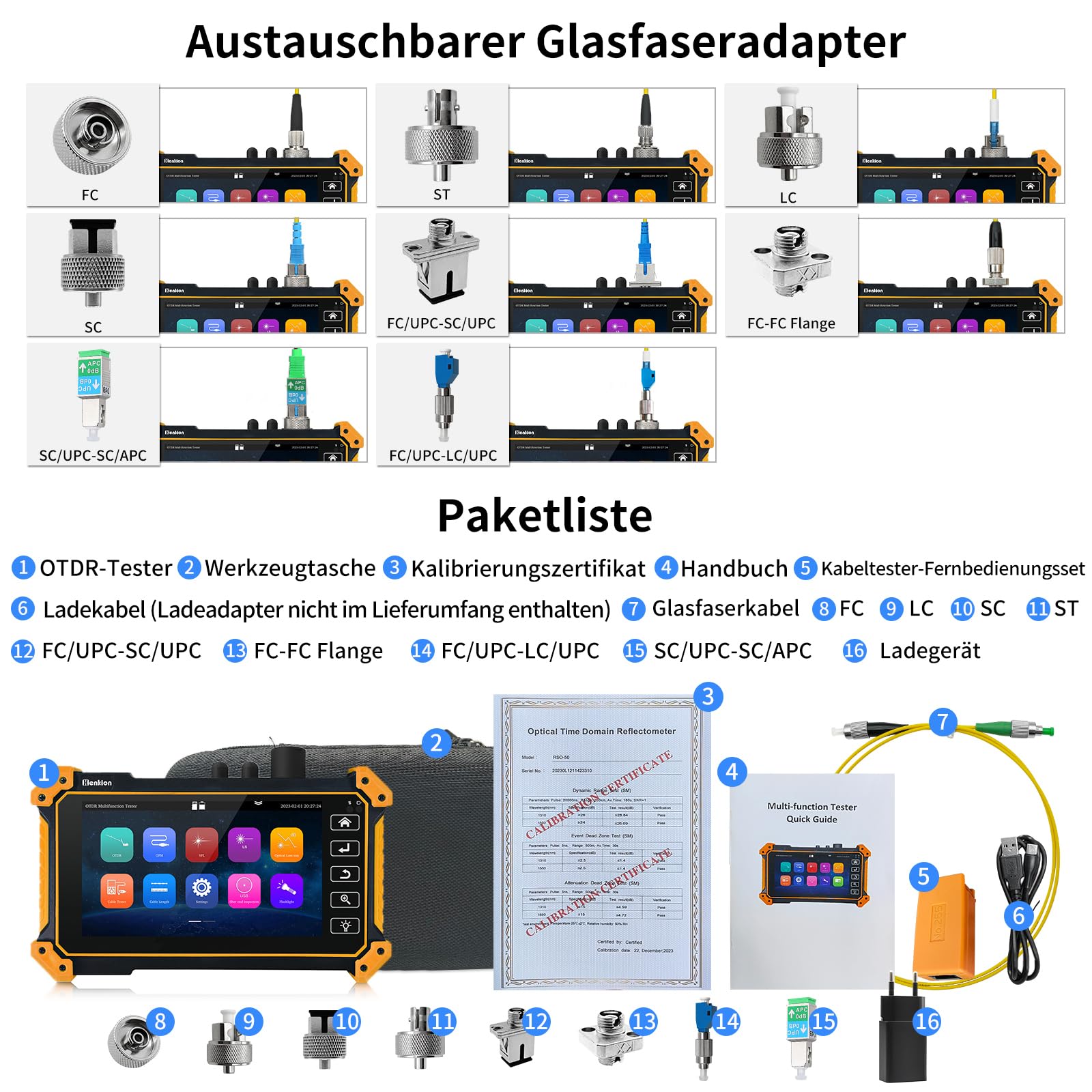 Henkion OTDR-Fasertester RSO-50 1310/1550 nm 26/24 dB, 5,5 Zoll IPS Touchscreen, OTDR Fiber Optic Tester mit integriertem OPM, LS, OLS, Ereigniskarte, Kabeltester mit 8 verschiedenen Glasfaseradaptern