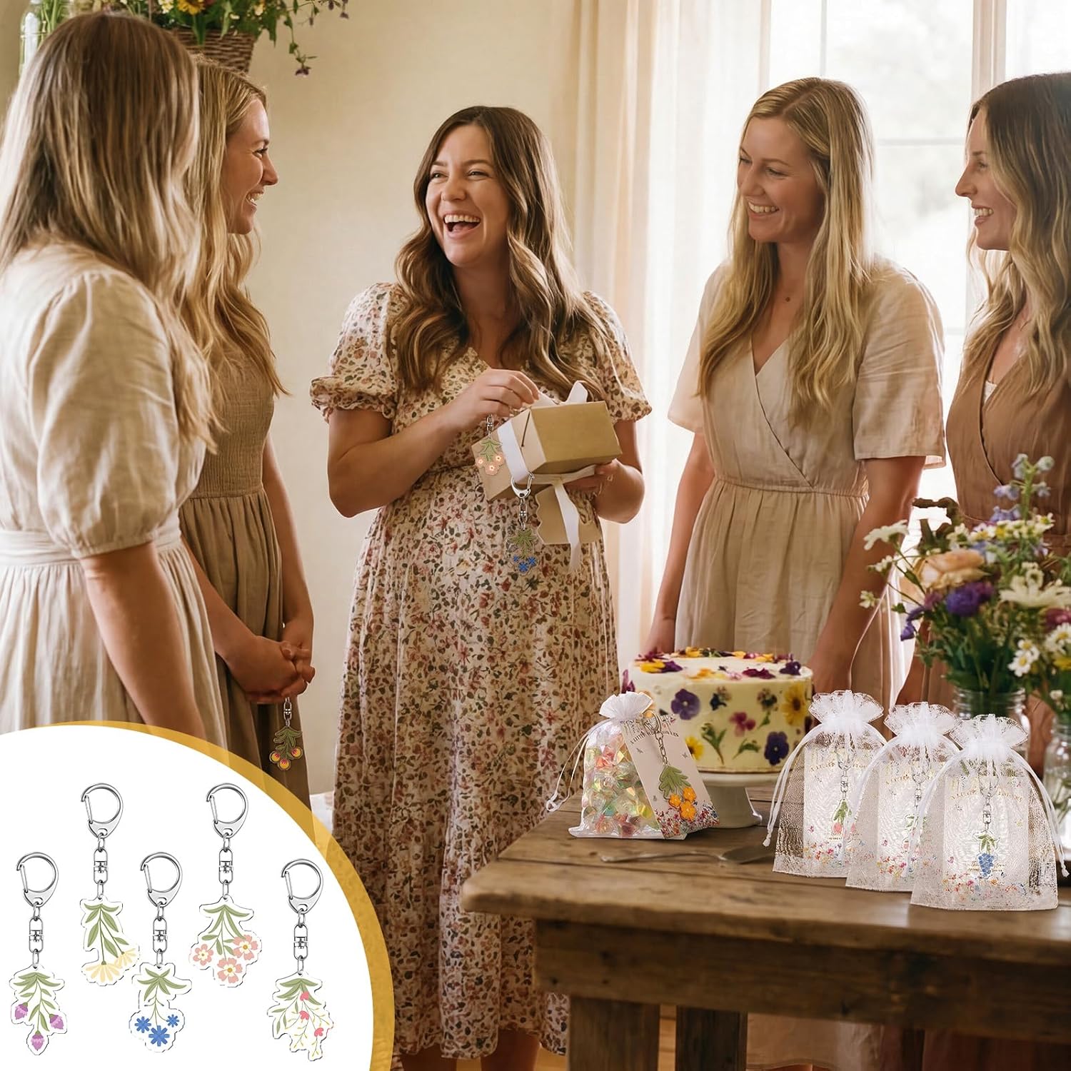 Liliaafar 24 Sets Wildflower Party Favors Set Acrylic Wildflower Keychains with Thank You Cards & Organza Bags for Bridal Showers Bachelor Parties and Weddings