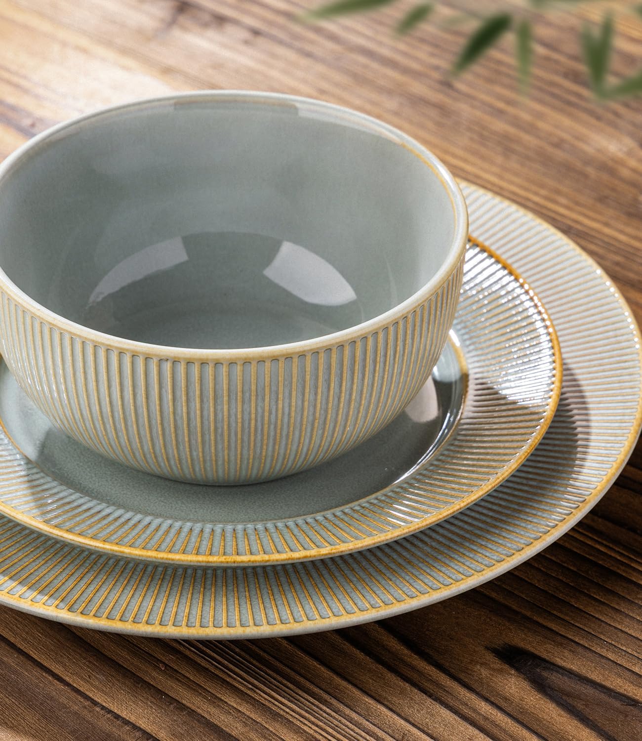 TheTerra Stoneware Dinnerware Sets for 4, 12 Pieces Ceramic Plates and Bowls Sets, Scratch Resistant Embossed Dish Set, Oven, Microwave & Dishwasher Safe, Desert Sage