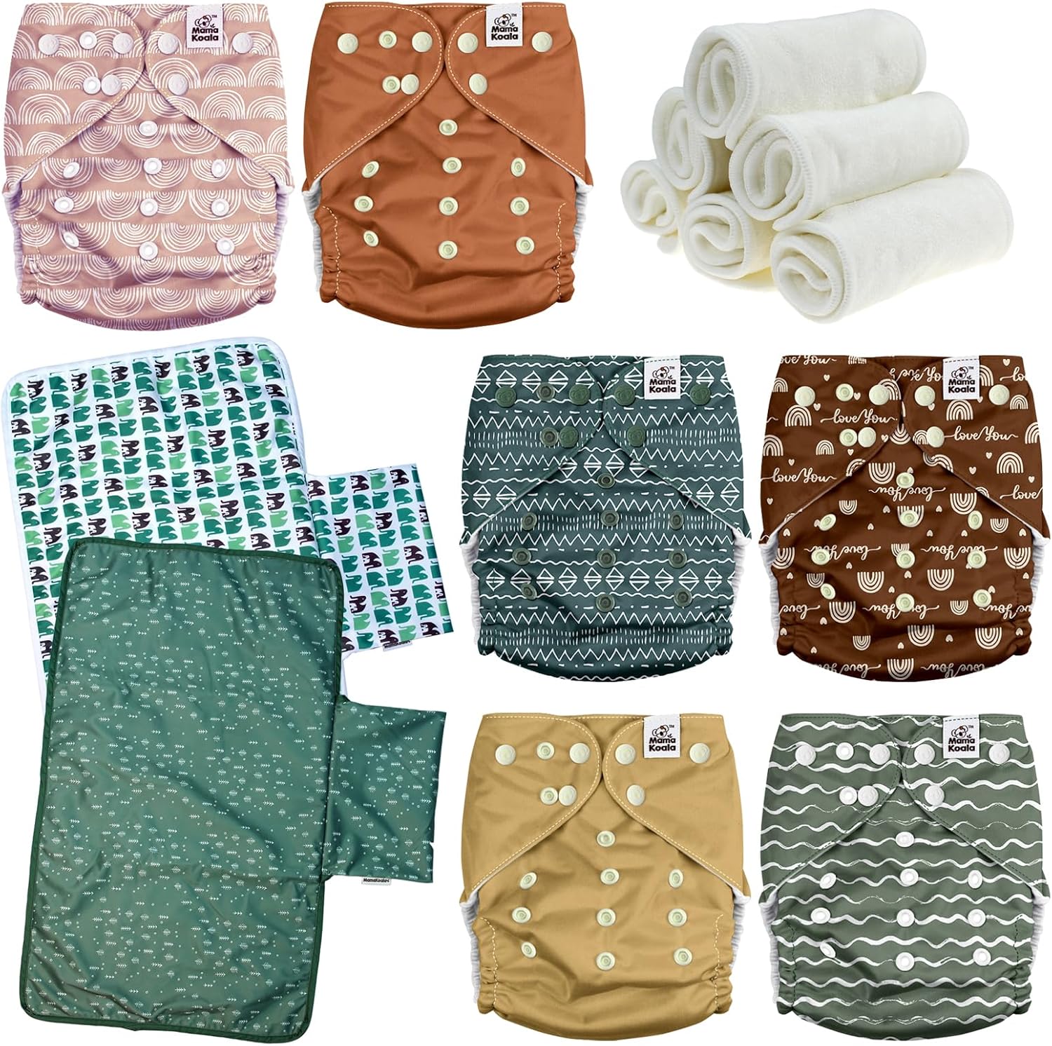 Mama Koala 3.0 Baby Cloth Diapers with 6 Inserts Bundle(S-Classic & Timeless), with 2 Pack Waterproof Changing Pad Liners