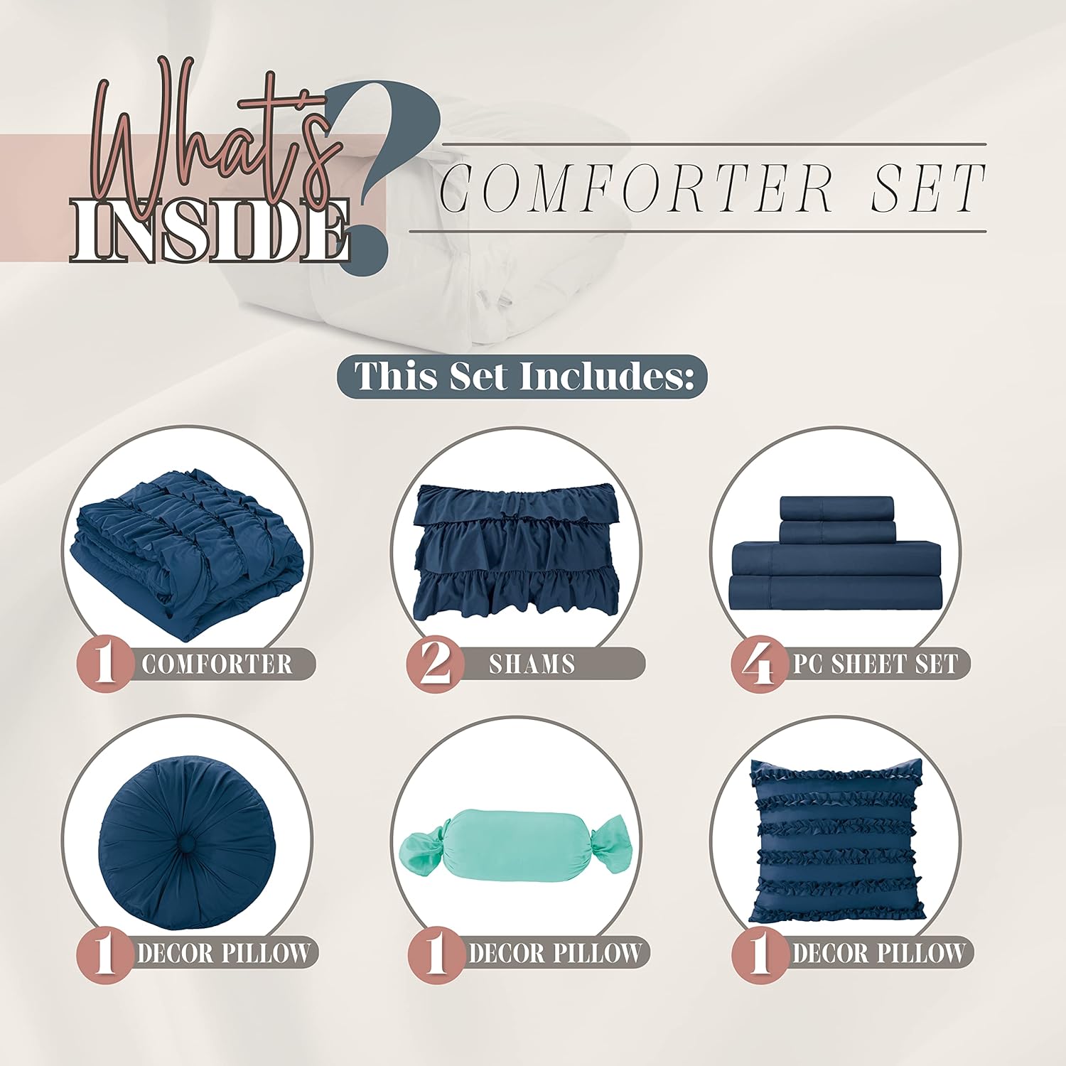 Elegant Comfort 10-Piece Bed-in-a-Bag, Multi-Ruffle Comforter Set, Includes Bed Sheet with Double Sided Storage Pockets & Decorative Pillows, Multi-Ruffle Comforter, Twin, Navy