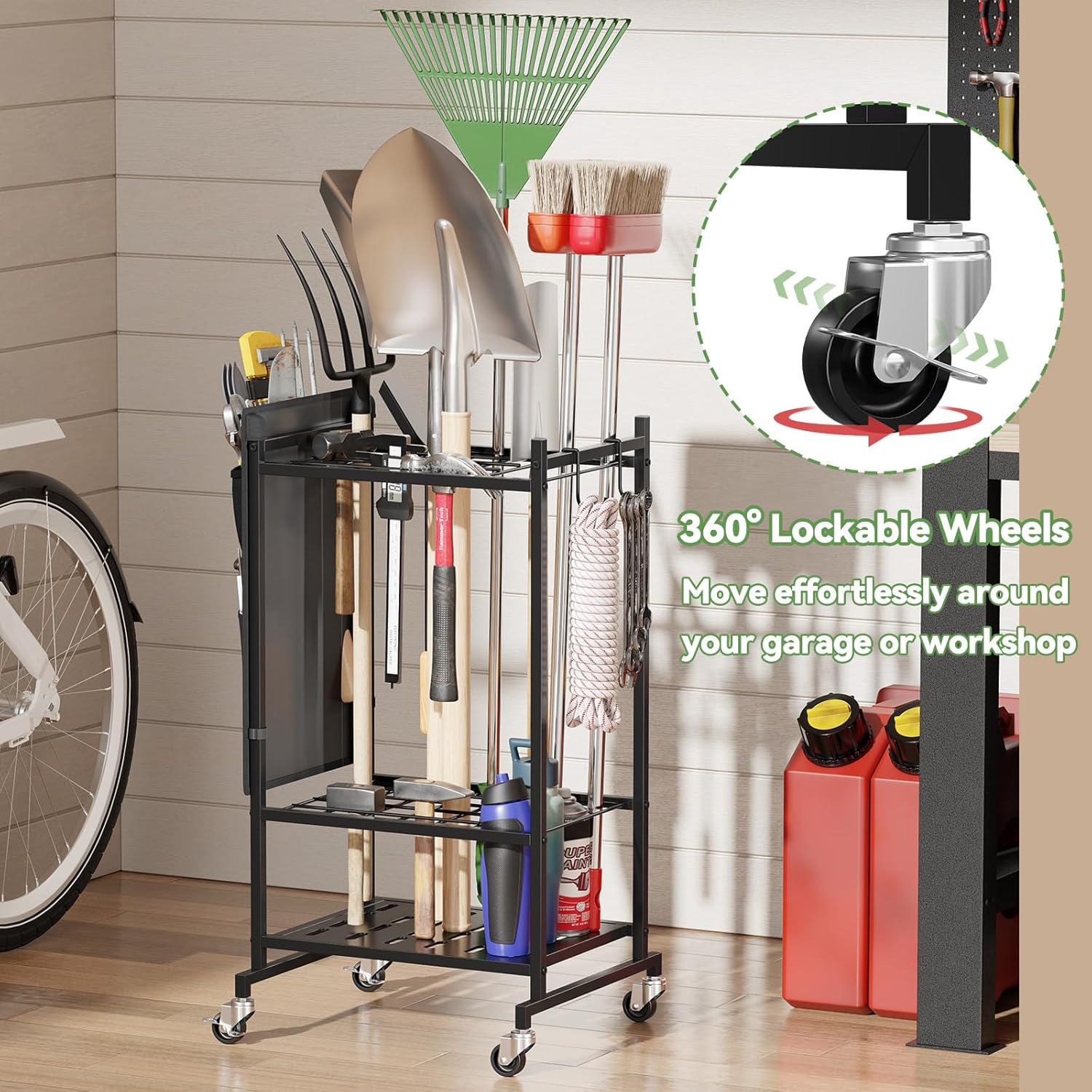 Garden Tool Organizer with Pockets, Rolling Yard Tool Storage Rack with 2 Hooks and Lockable Wheels, Black