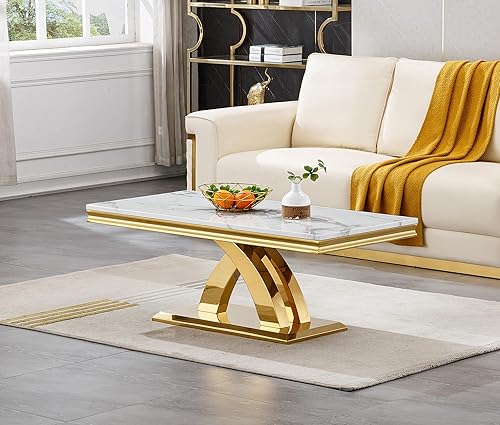 Miniatura 10 de SSLine Mesa de Centro Rectangular de Mármol Sintético para Sala de Estar, Mesa Central Moderna de Mármol Blanco de Lujo con Base de Diamante Mesa de