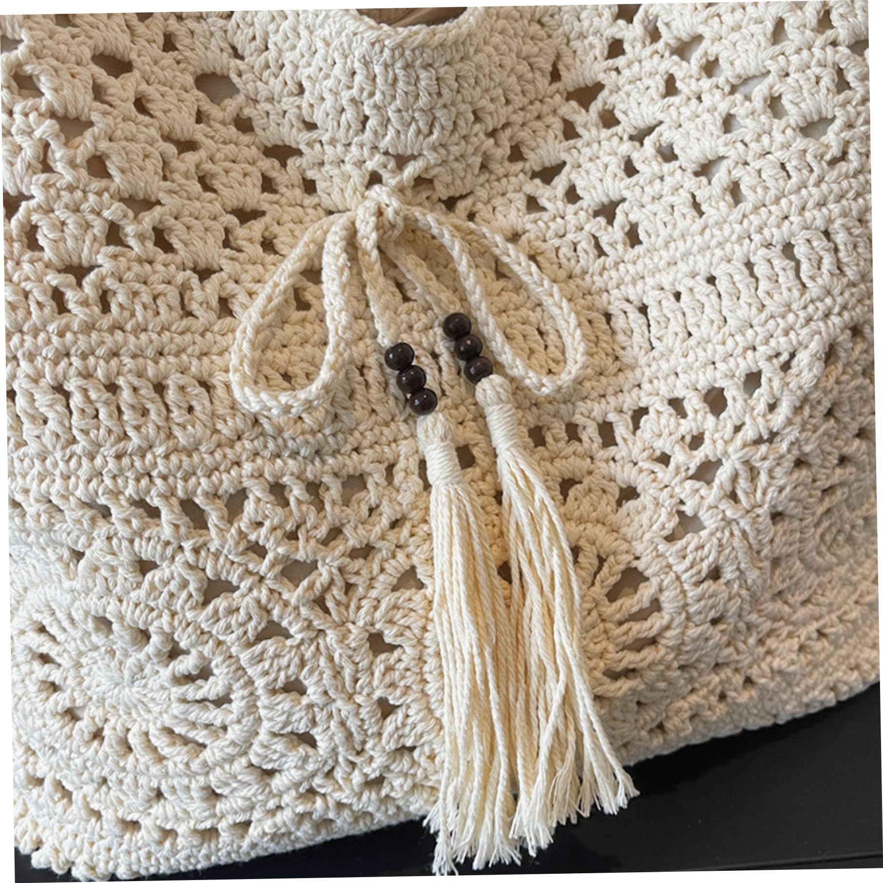 Bolso de mano de punto Bolso de mano de punto beige, nuevo de playa de ganchillo 2026, de hombro tejido de algodón de gran capacidad con borla para vacaciones de verano y uso diario,