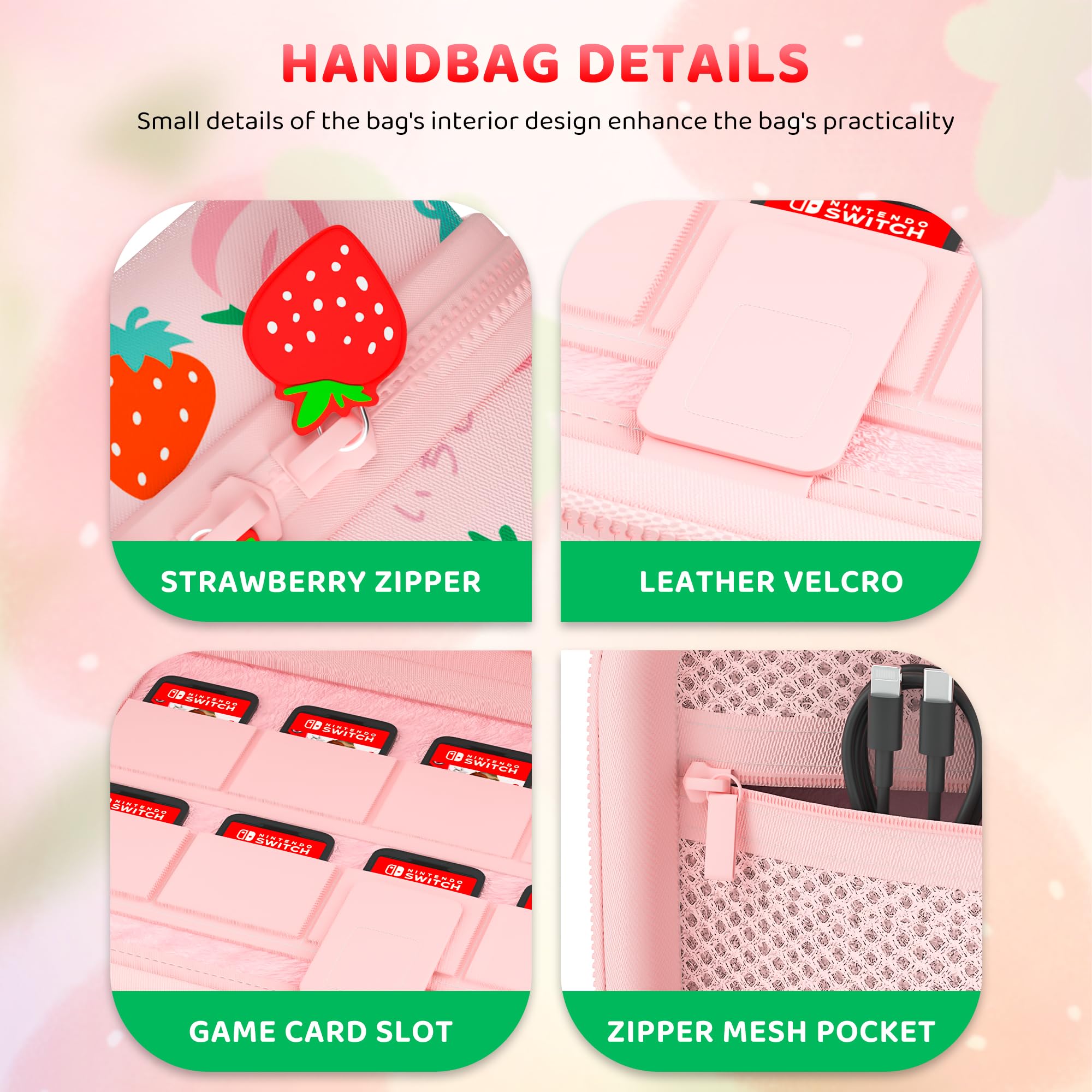 GLDRAM Custodia da trasporto rosa fragola per Nintendo Switch 2 (2025), set di accessori da ragazza carino con borsa da viaggio, custodia protettiva rigida in PC, pellicola protettiva, impugnature per