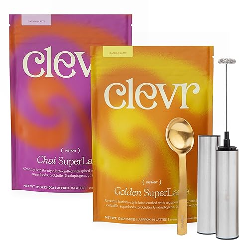 Clevr Blends - Kit de iniciación paquete de 2 Té Chai y Cúrcuma Dorada SuperLattes Instant Latte Mix Crema de avena y coco con leche hongos Reishi