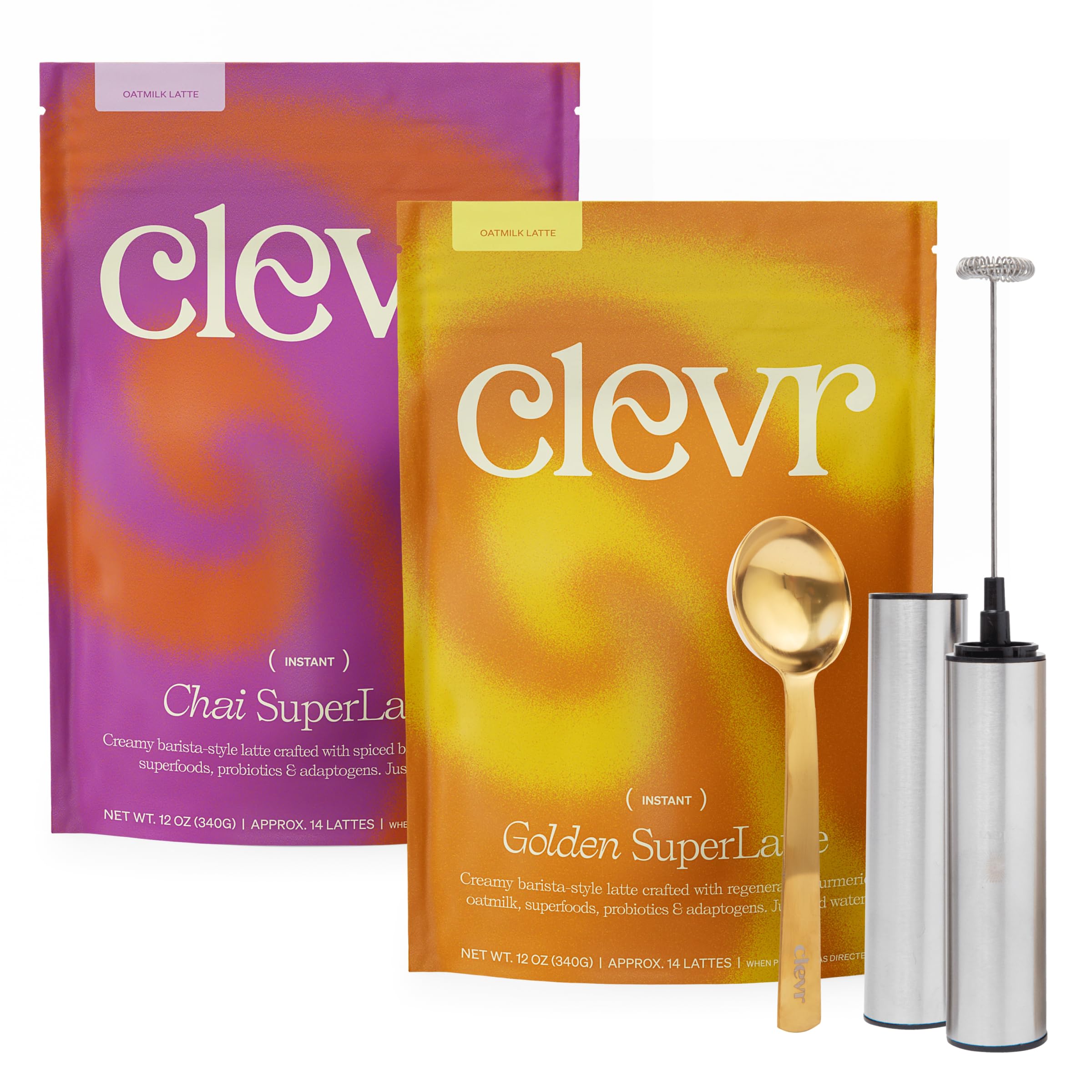 Clevr Blends Starter Kit (2-pack) Chai Tea & Golden Turmeric Powder SuperLattes Instant Latte Mix Oat Milk Coconut Creamer, Lion’s Mane Reishi Mushrooms, Organic Spices, Probiotics, Includes Frother