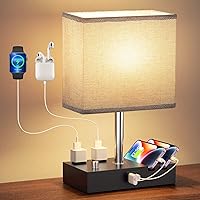 Kakanuo Grey Dimmable Bedside Lamp with USB C/A Ports, Dual Outlets & Phone Stands - Wooden Base Nightstand Lamp, LED Bulb Included