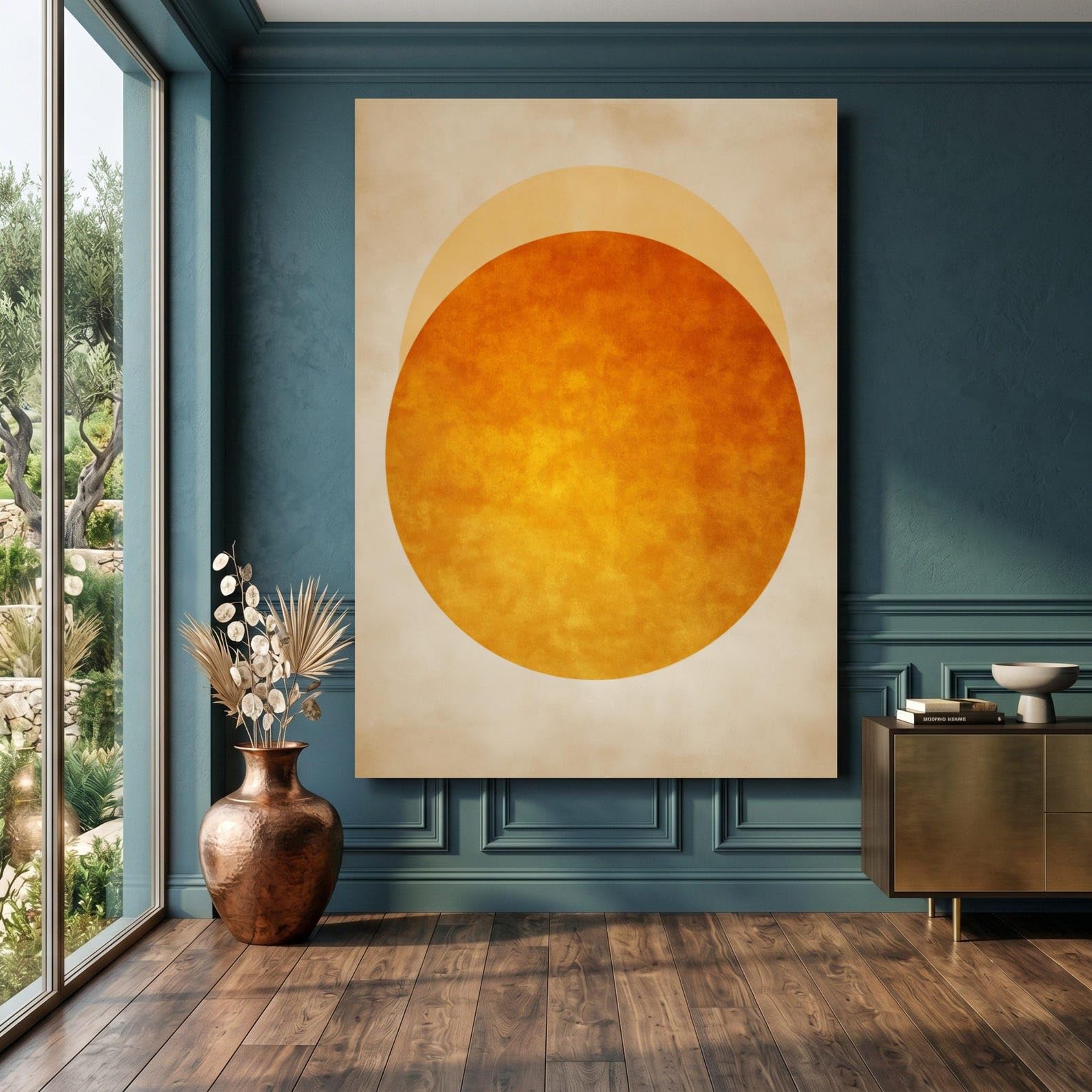 Caoxtart Men's Frameless Abstract Sunset Circle Painting, Minimalist Geometric Prints, Earth Tone Wall Art Decor, Contemporary Canvas Mural(60X90cm/Frameless)