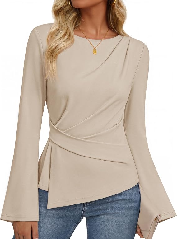 MEROKEETY Women's Long Sleeve Peplum Shirts 2026 Dressy Fall Casual Tops | Ruched Waist, Crew Neckline, Flared Sleeves, Slim Fit, Business Casual, Work Office Outfit, Going Out, Elegant Trendy Blouses