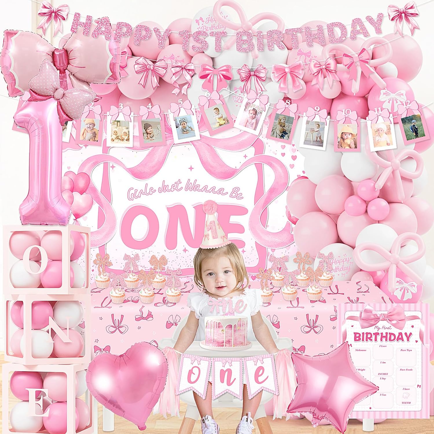 ピンクボウ 1歳の誕生日デコレーション、女の赤ちゃんファーストパーティー用品、ピンクとホワイトのバルーンアーチキット ガールズ Ju