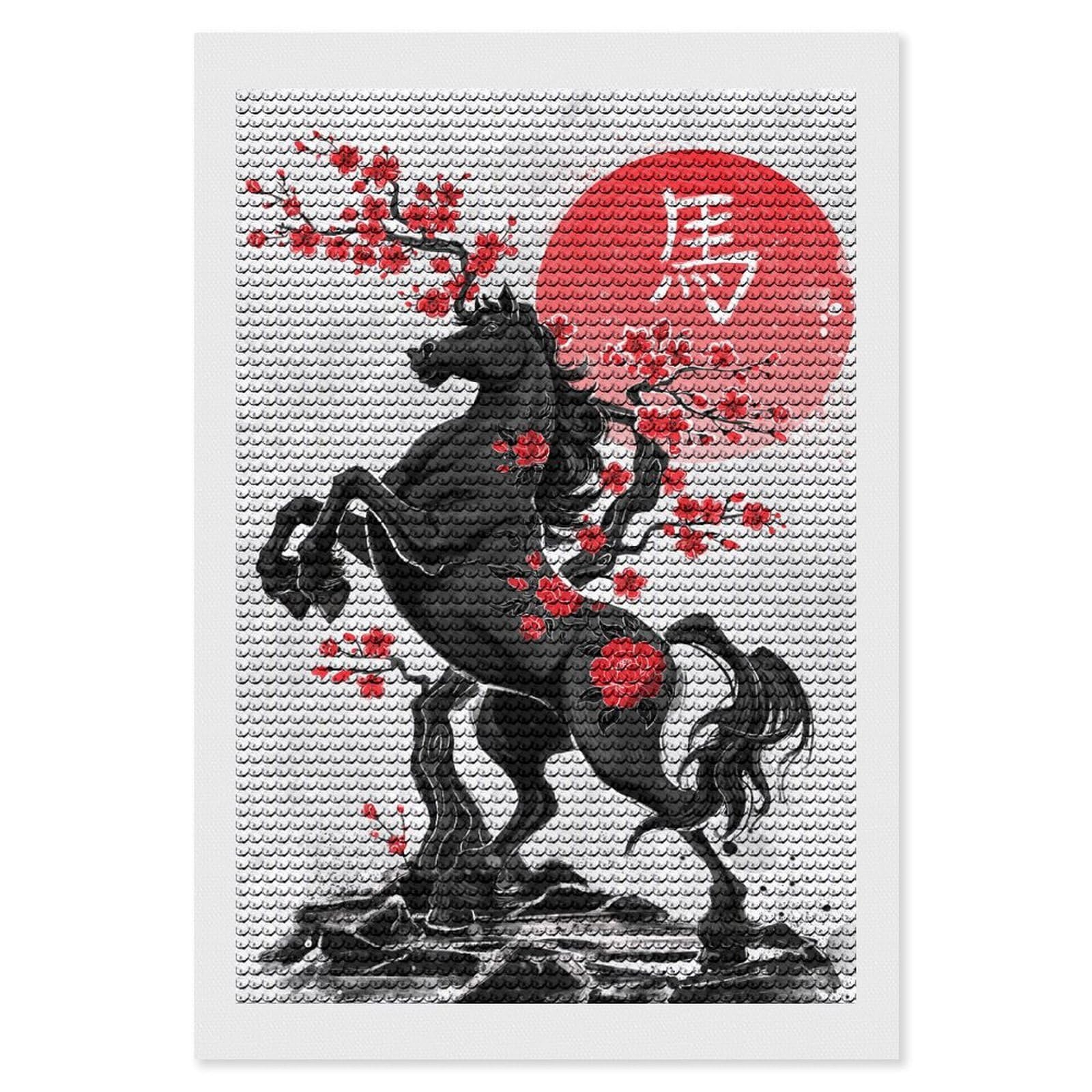 Junmoney Year of The Horse - Zodiac Diamond Art Kit 8"x12", Holiday Gift Idea, for Women, Easy Handmade Project, Vintage Style Decor, Printed Canvas